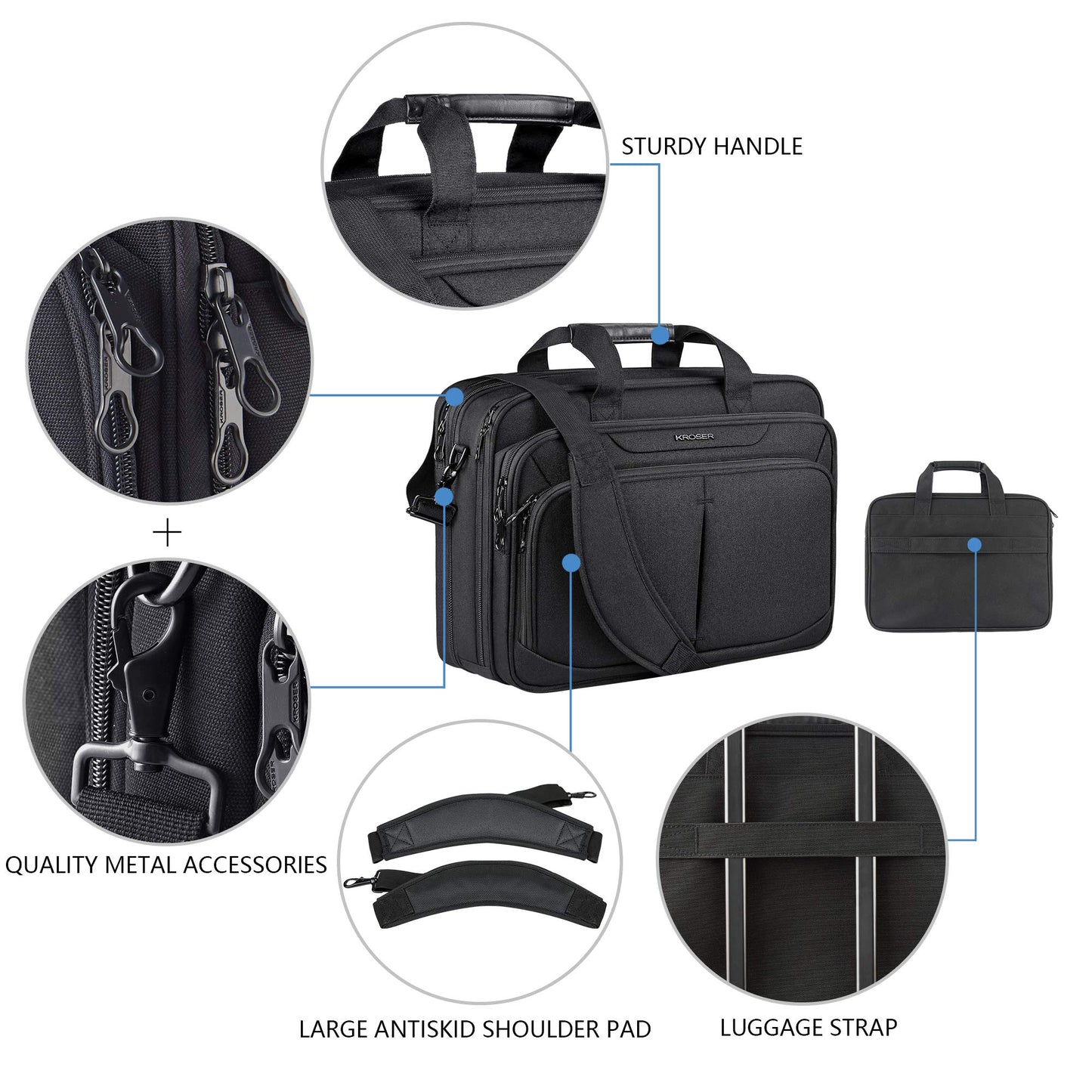 KROSER Laptop Bag Expandable Lightweight Briefcase for 17.3" Laptop Premium Business Work Bag Water-Repellent Messenger Bag with RFID Pockets for Travel/Women/Men-Black
