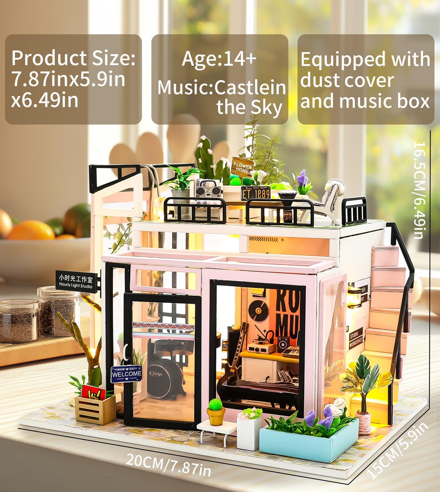 Spilay DIY Miniature Dollhouse Wooden Furniture Kit,Handmade Mini Modern Model Plus with Dust Cover & Music Box,1:24 Scale Creative Doll House Toys for Adult Friend Lover Gift(Time Studio)