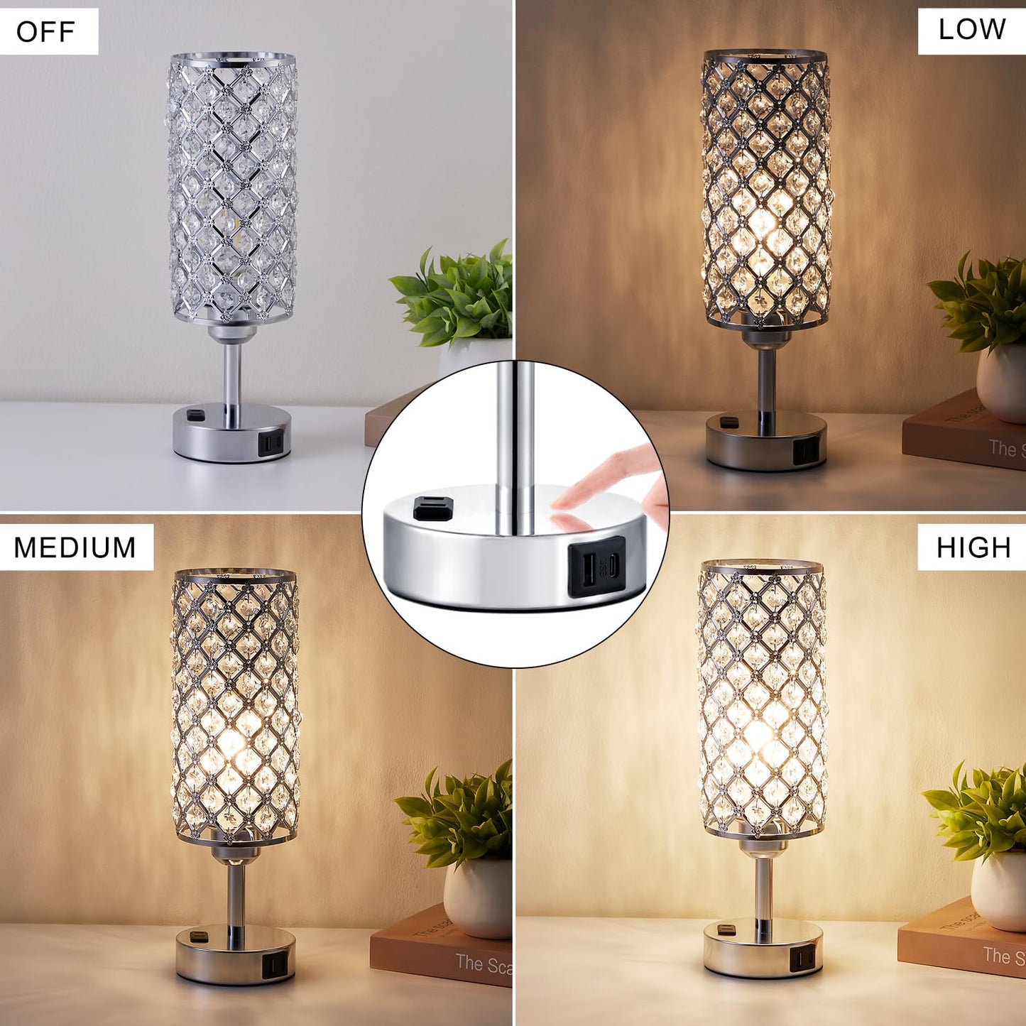 Crystal Lamp Touch Control Set of 2, Sliver Crystal Table Lamps with USB C+A Ports & AC Outlet, 3-Way Dimmable Nightstand Touch Lamp, Modern Bedside Table Lamp for Bedroom(Bulbs Included)