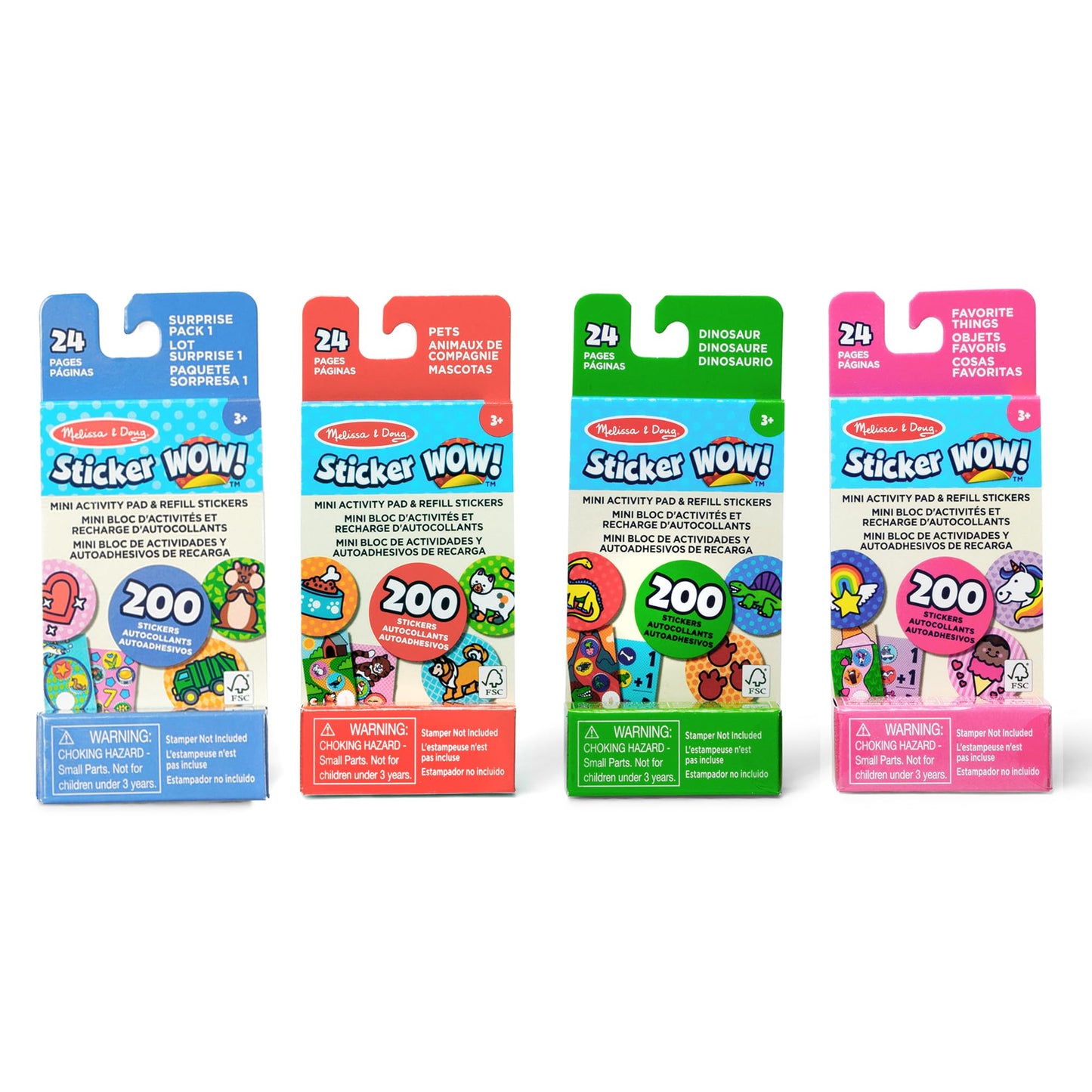 Melissa & Doug Sticker WOW! Mini Activity Pad & Refill Stickers 4-Pack—Dinosaur, Pets, Surprise Pack 1 & Favorite Things—800 Stickers for Sticker Stampers (not included) Arts & Crafts Toys for Kids 3+