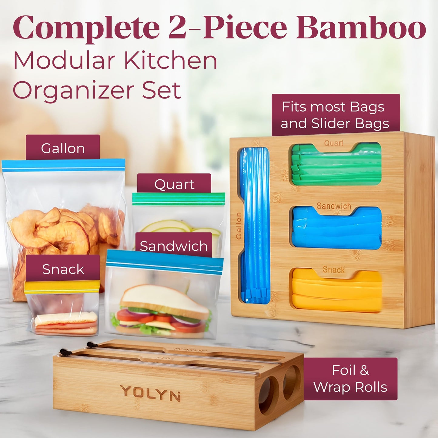 YOLYN Bamboo Food Storage Bag Organizer for Drawer with Foil & Plastic Wrap Dispenser – 4 in 1 Premium Kitchen Drawer Organizer for Gallon, Quart & Sandwich Bags