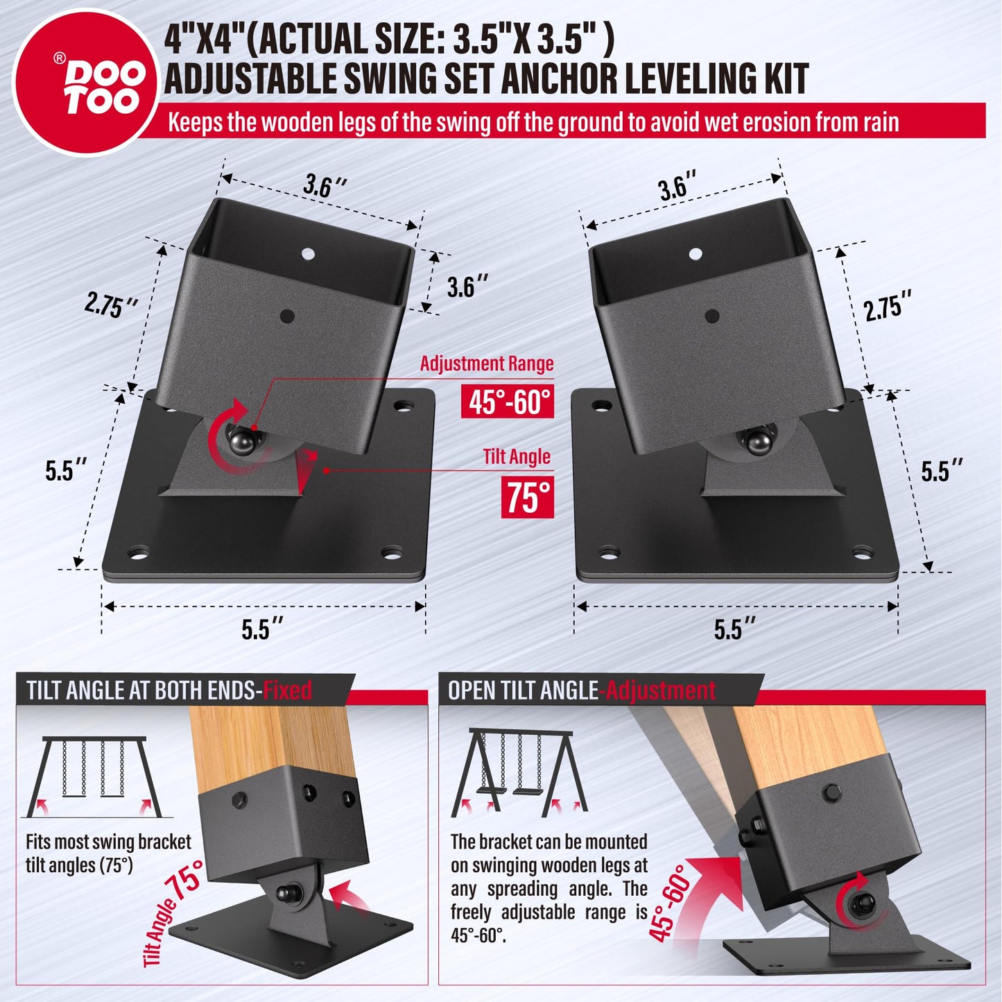 DOOTOO 4-Pack Swing Set Anchor Leveling Kit - 201 Stainless Steel, Swing Set Leveling Bracket for 4"x4" (Actual 3.5"x3.5") Wood Legs, Enhance Swing Set Stability,Protect Wood (Black)