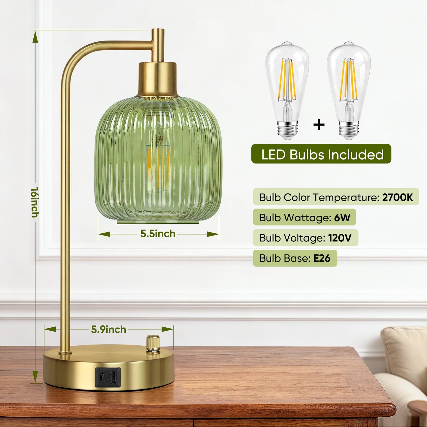 QiMH Industrial Table Lamp for Bedroom Set of 2, Green Glass Beside Lamp with USB A&C Ports, Stepless Dimmable Gold Lamps, Nightstand Lamps for Living Room, Office, Home Decor(Bulb Included)