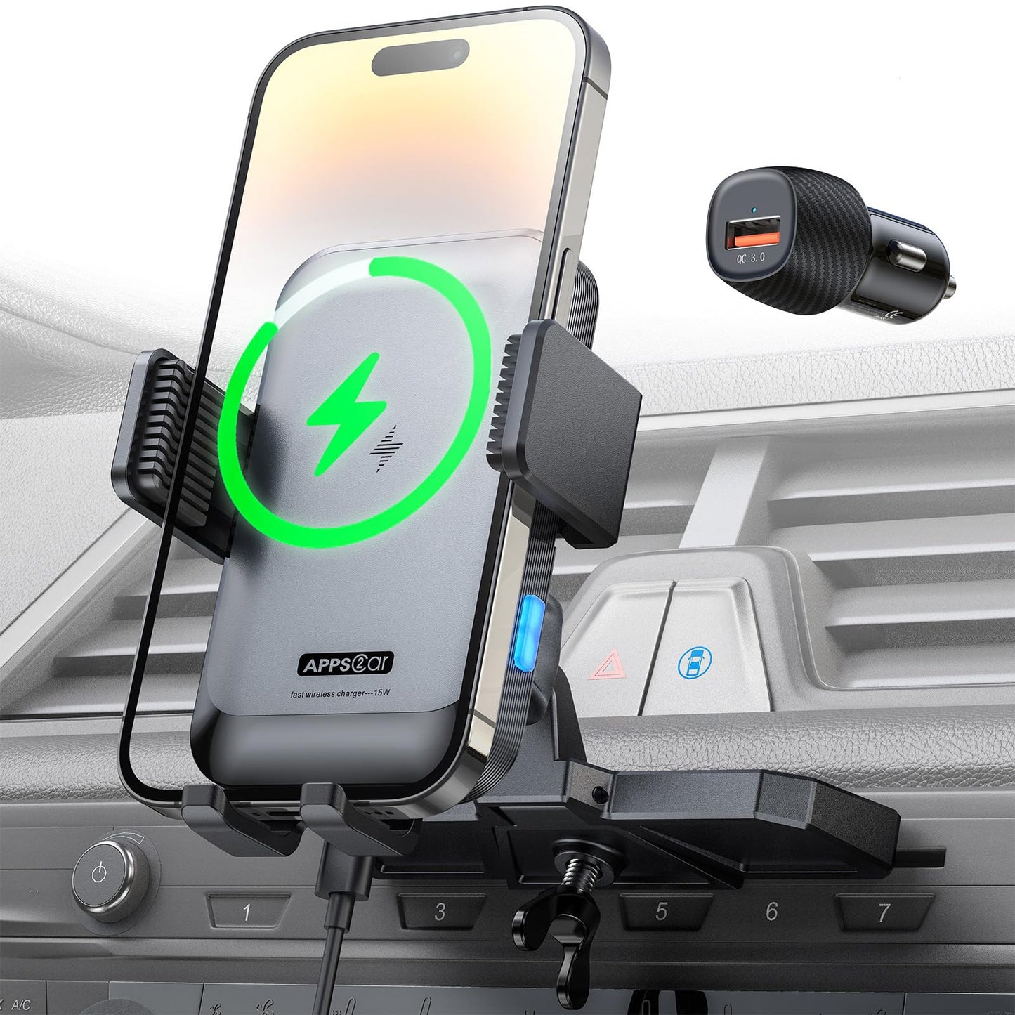 APPS2Car Wireless Car Charger Mount CD Slot Auto Clamping 15W Fast Charging CD Phone Holder for Car Wireless Charger Fit for iPhone 16 15 14 13 12 Pro Max, Samsung S23 Ultra S22, Google, LG etc.