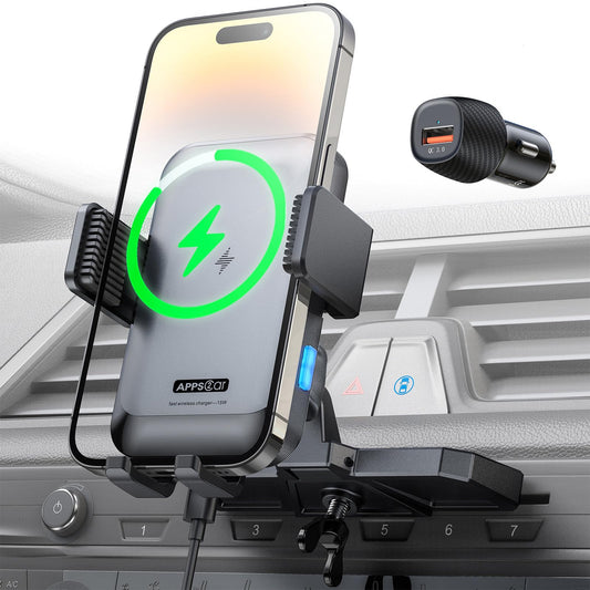 APPS2Car Wireless Car Charger Mount CD Slot Auto Clamping 15W Fast Charging CD Phone Holder for Car Wireless Charger Fit for iPhone 16 15 14 13 12 Pro Max, Samsung S23 Ultra S22, Google, LG etc.