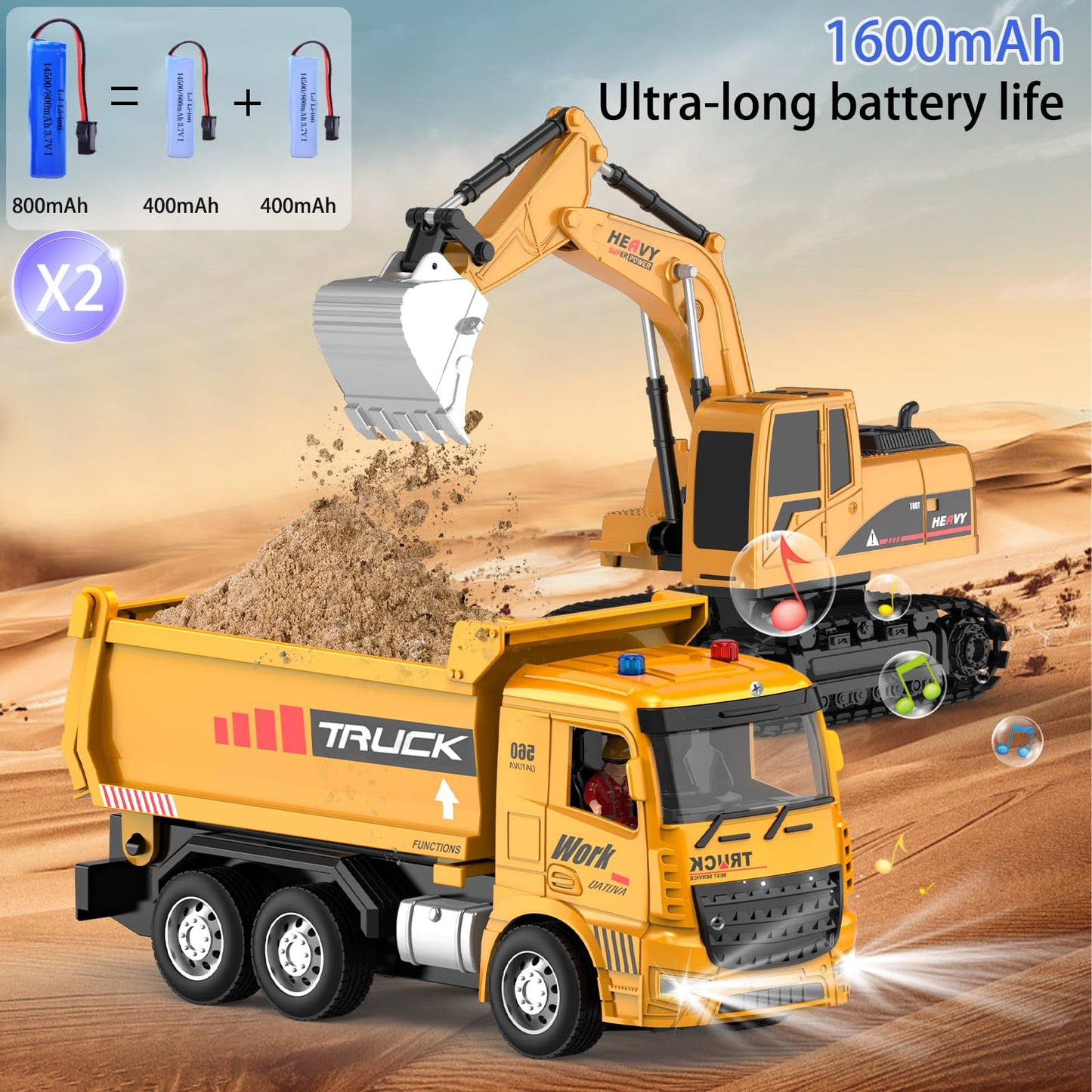 MQDMINI Remote Control Excavator and Dump Truck Toy Set - RC Construction Vehicles Toy with Barricades, Road Signs, Simulated Rocks, Lights and Sounds, Present for Toddlers 3-12 Year Boys Girls