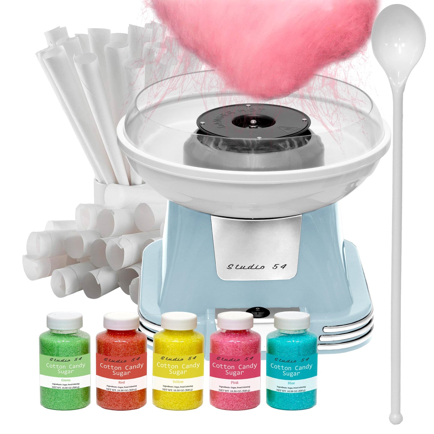 Studio 54 Retro Cotton Candy Machine with 5 Jars (11oz Each) Floss Sugar, 50 Paper Cones, Easy Cleanup Cotton Candy Maker, Durable Retro Design, Makes 20–30 Servings per Jar, BPA & Lead Free