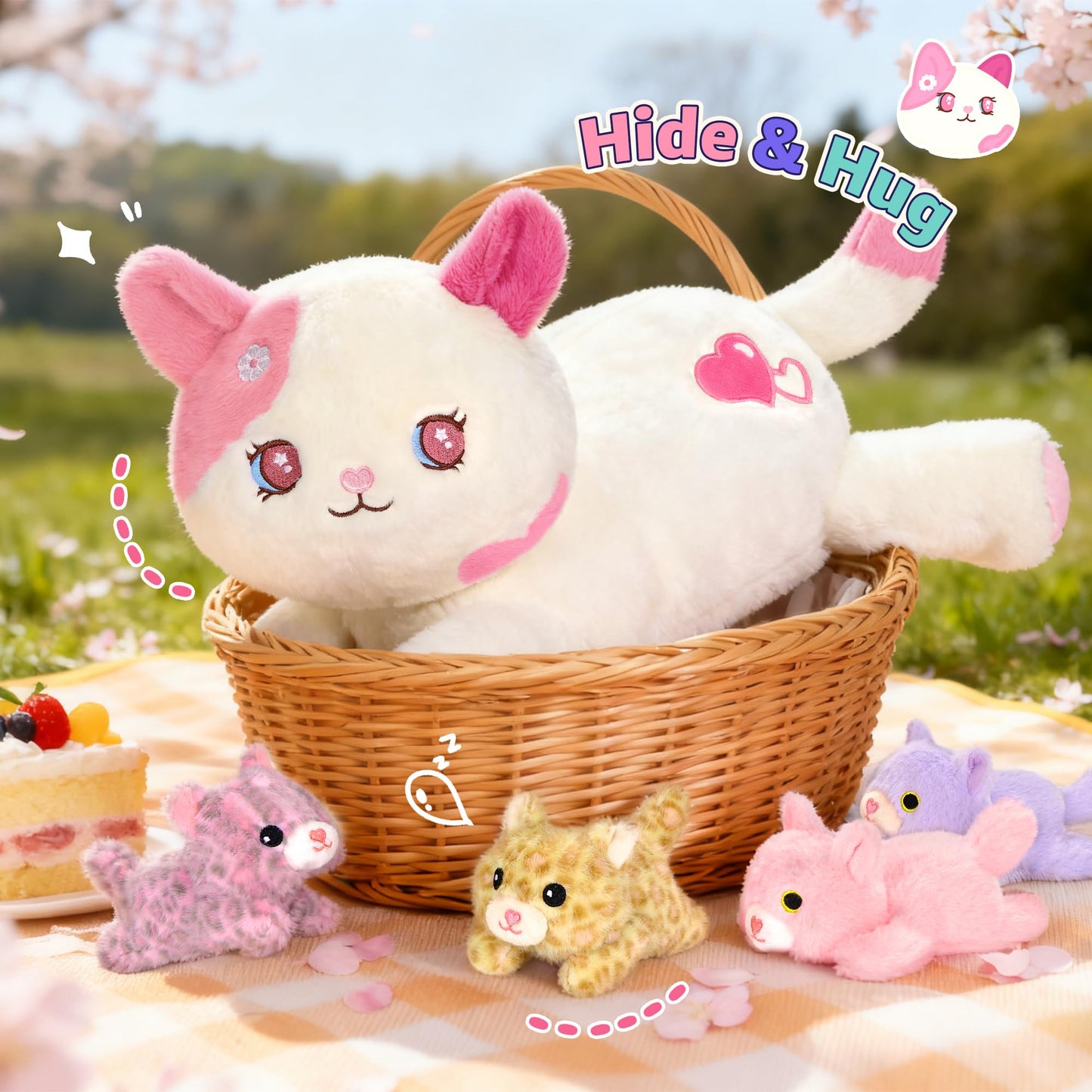 Onsoyours Original 5PC Cat Stuffed Animals with Babies Inside, Kawaii Kiity Plush with Mommy & 4 Kittens - Cute Plushies Toys for Girls Kids (Pink)