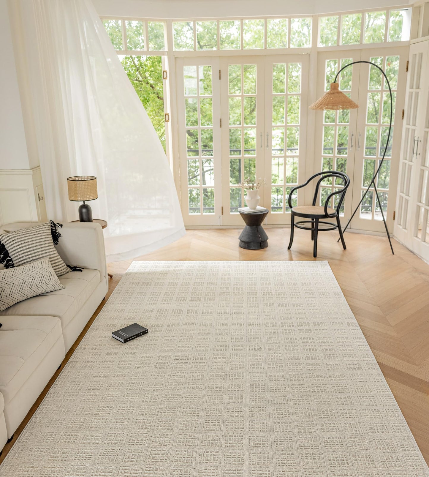 jxgzyy 5x7 Beige Area Rug, Solid Cream Textured Rugs for Bedroom, Neutral Ivory Aesthetic Carpet, Off White Rug for Kitchen Dining Room, Stain Resistant (Beige, 6'7" x 4'7")