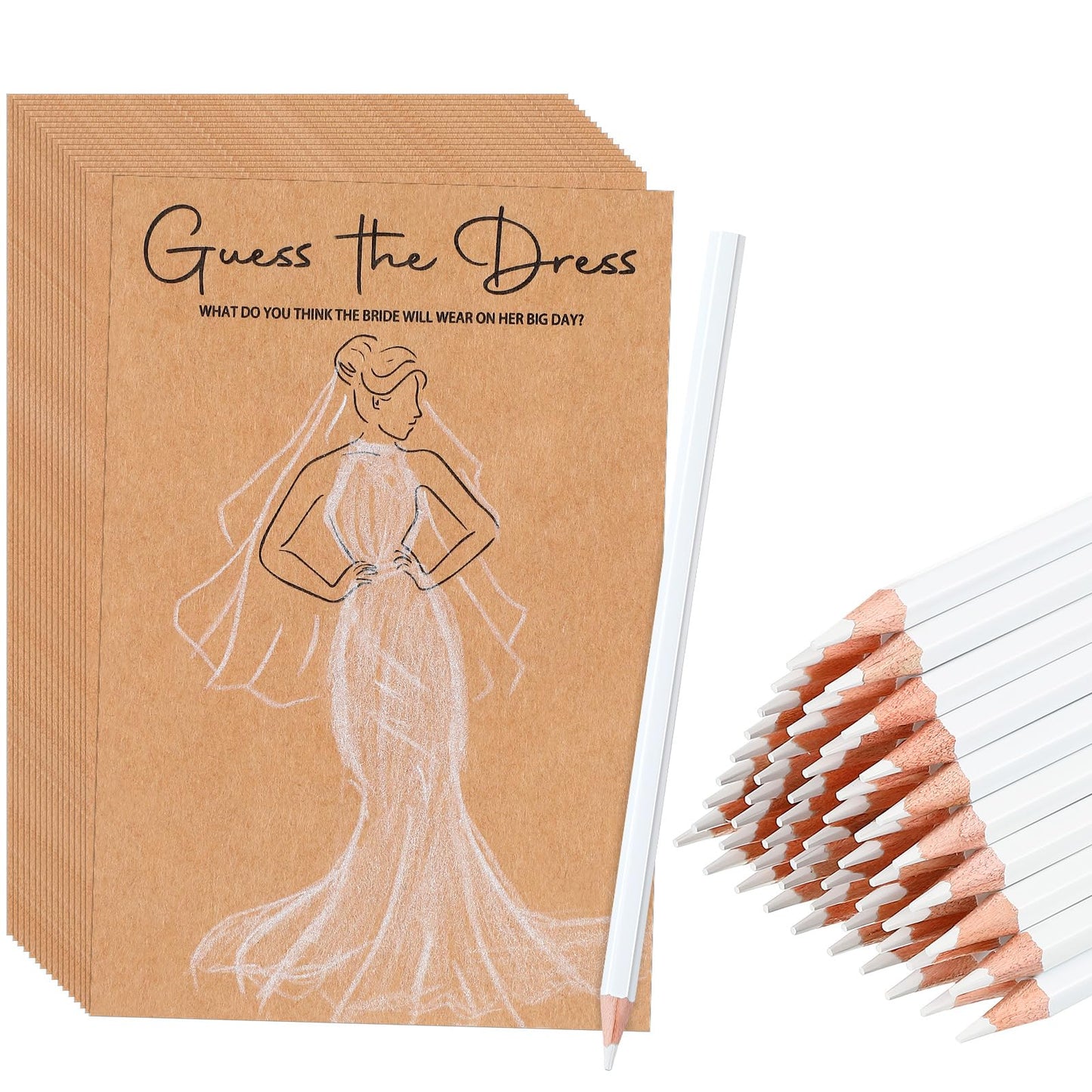 Sinload 60 Sets Guess the Dress Bridal Shower Games for Guests Include 60 Pcs Wedding Shower Games Cards and 60 Pcs Pencils Fun Wedding Party Supplies Games Ideas (Brown,Long Pencil)