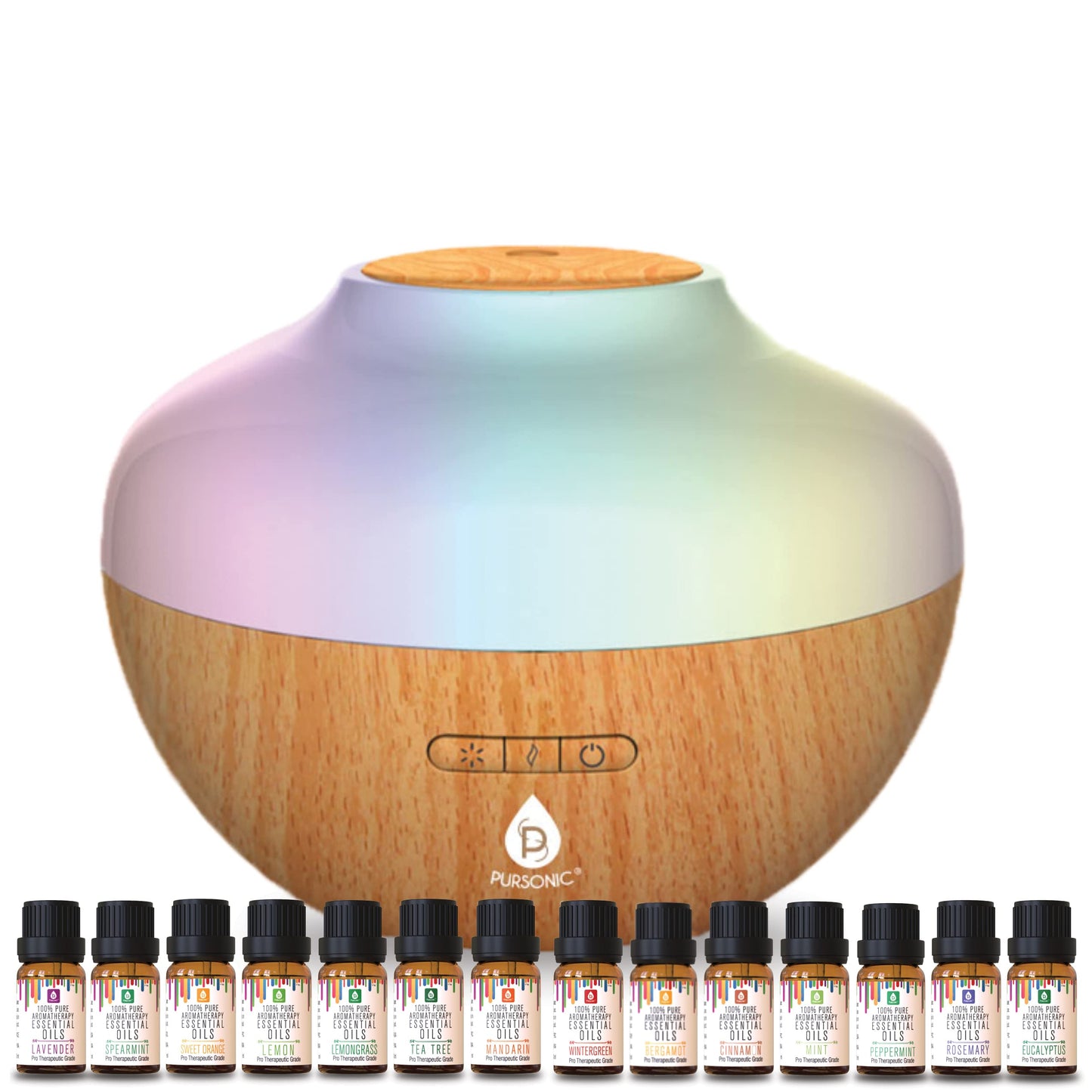 Pursonic Aromatherapy Diffuser & Essential Oil Set-Ultrasonic Diffuser & Top 14 Essential Oils-300ml Diffuser with 2 Mist Settings & 7 Ambient Light Settings-Therapeutic Grade Essential Oils