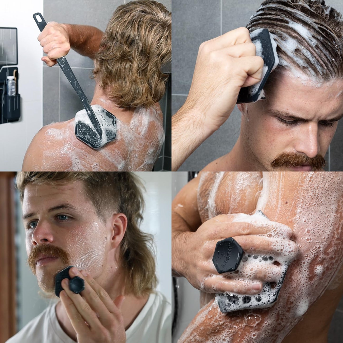 Tooletries - The Scrub King - Men's Silicone Body and Face Scrubber Set - Back Scrubber for Shower, Body Scrubbers, Storage Hooks, & Face Brush Holder - Shower Accessories for Men - Charcoal