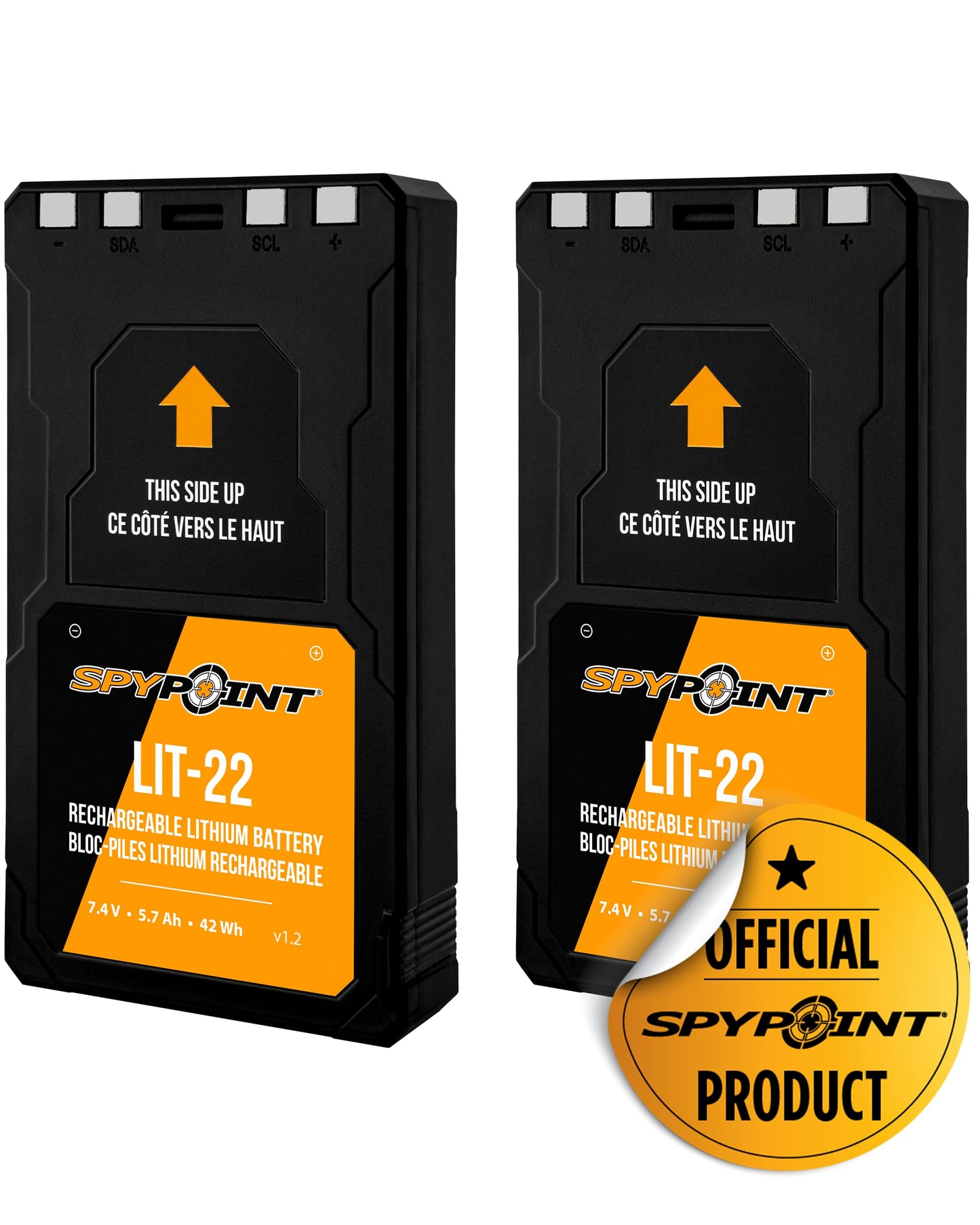SPYPOINT LIT-22 Rechargeable Lithium Battery Pack (7.4V, 5.4Ah) for Cellular Trail Cameras, Compatible with Flex Series (Flex-M, Flex-S, FLEX-G36, Flex-Plus), Includes AC Charging Cable (Pack of 2)