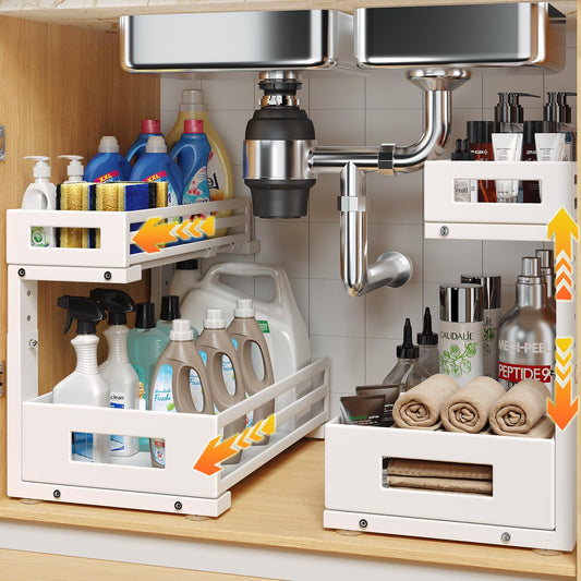 2-Pack Under Sink Organizers and Storage,2-Tier L Shape Pull Out Cabinet Organizer With Round Tube Slide Rails,Hight Adjustable Slide Out Drawers for Kitchen&Bathroom,Multi-Purpose Storage Shelf-White
