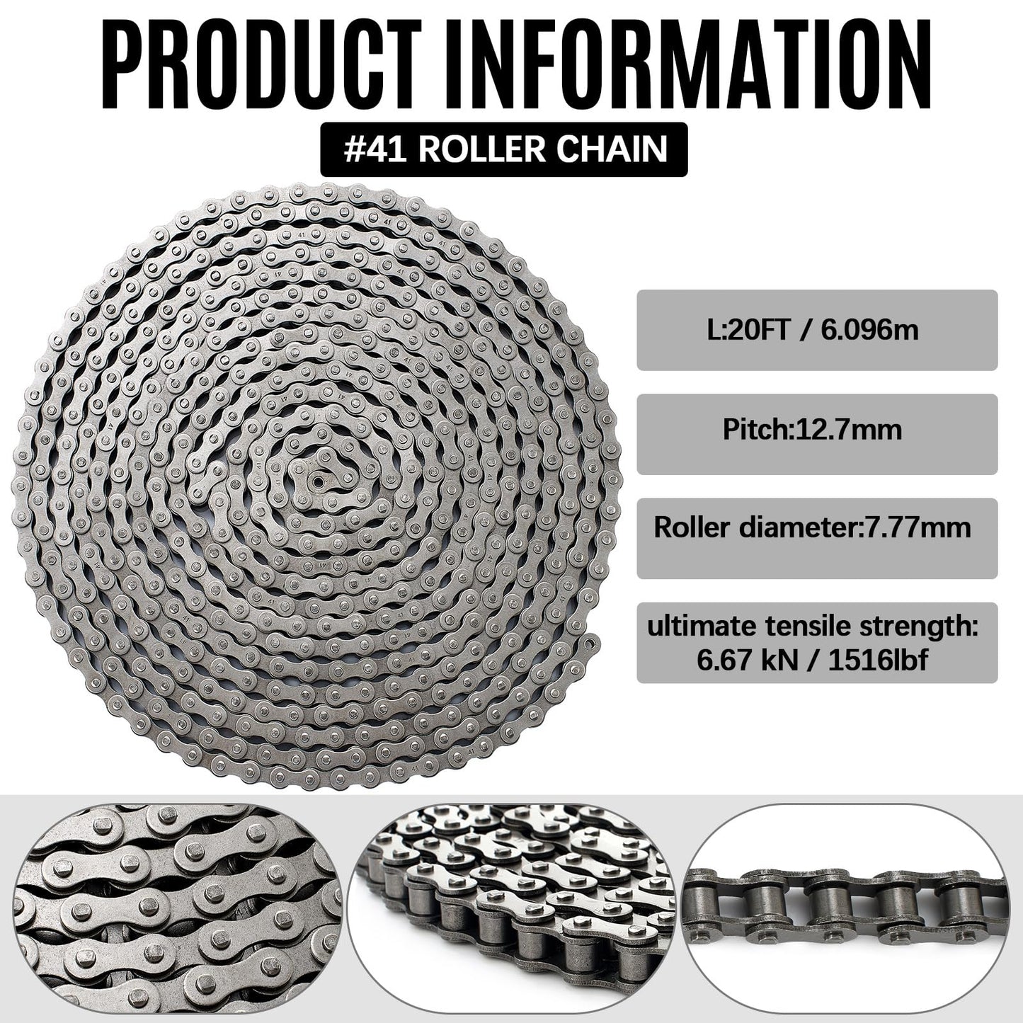 Tandefio Roller Chain for Gate Openers Carbon Steel Operator Chain with 2 Connecting Links for Extension Replacement Electric Automatic Sliding Gate Opener Garage Hanger Door Karts Bike(#41,20 ft)