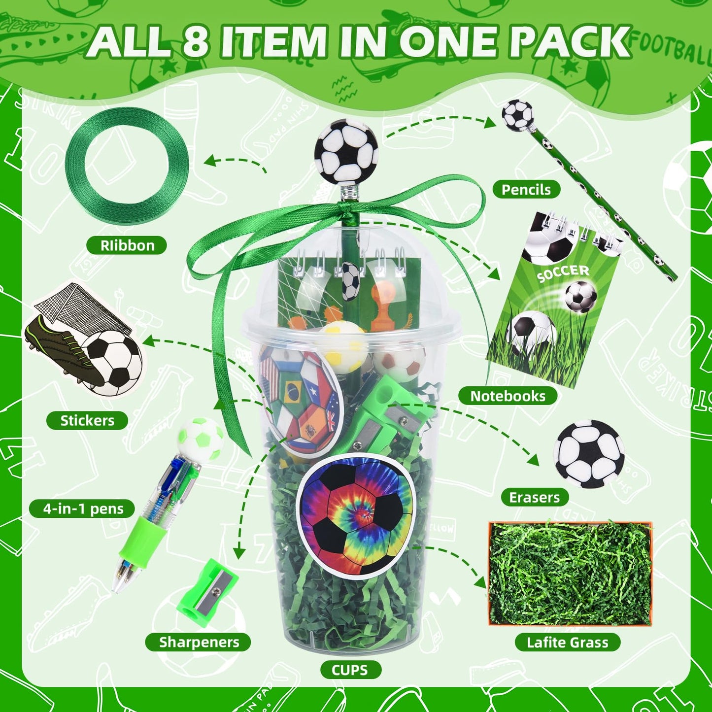 LiYiQ 247 Pcs Soccer Party Supplies Return Gifts for Party, Student Stationery Gifts from Teacher Rewards Prizes, Pencil Erasers Notebooks Stickers for Soccer Classroom Birthday