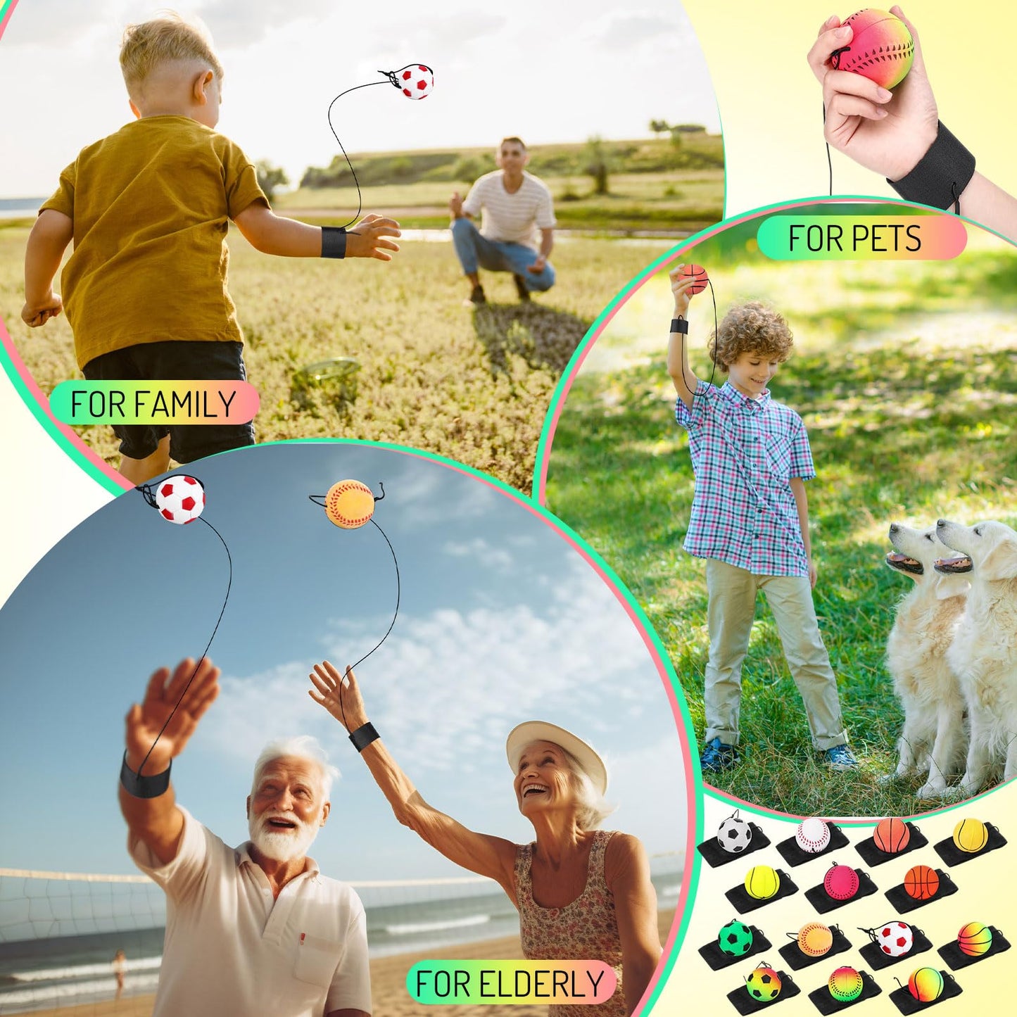 Skylety 100 Pieces Wrist Return Ball Rubber Sport Ball with Strap and String Rebound Bouncy Balls Toy on Elastic String Toy for Teens Adults Wrist Exercise Play