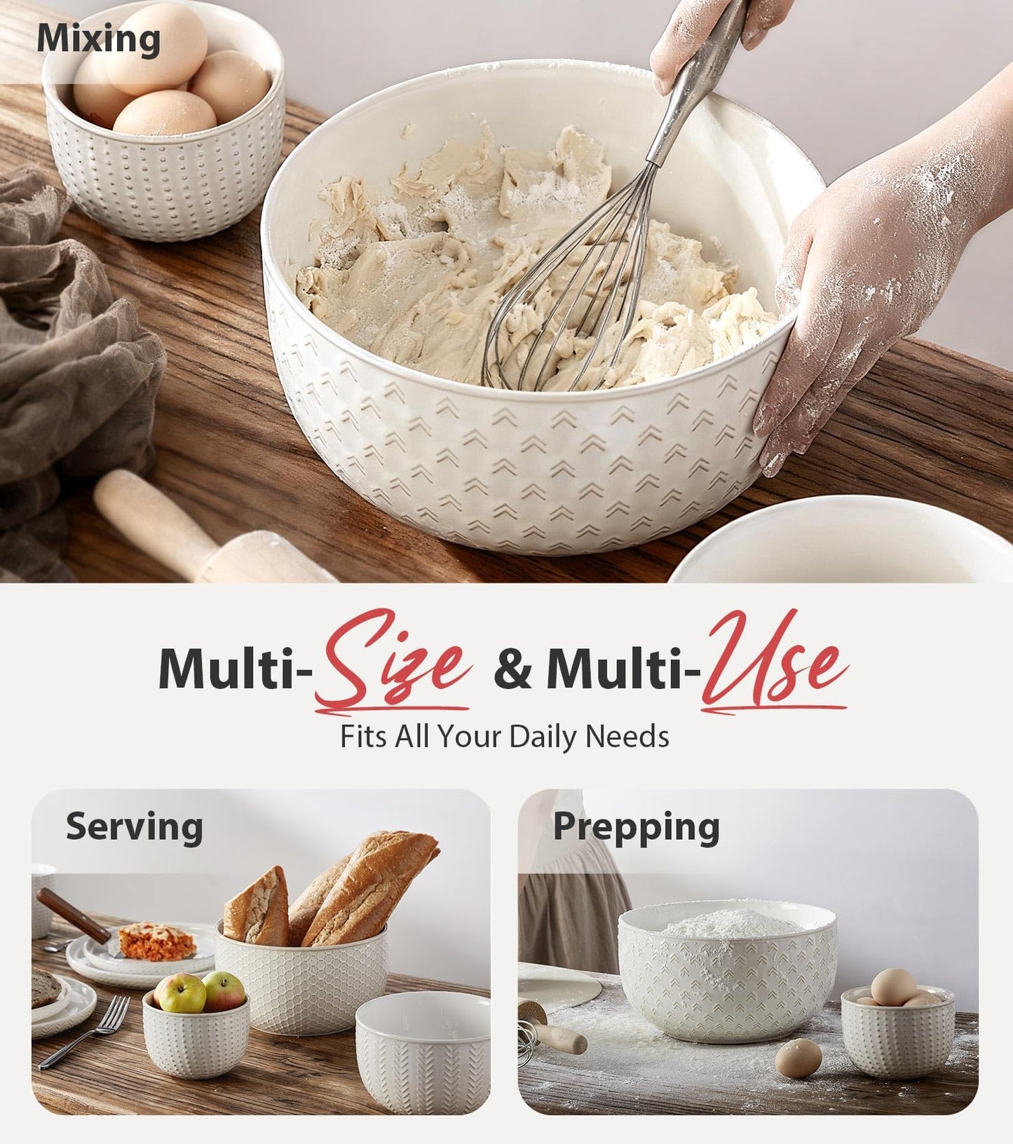 Lareina Ceramic Large Mixing Bowls Set of 4, Nesting Bowls for Cooking, Baking, Salad Etc, Serving Bowls Gift, Kitchen Stoneware, Oven, Microwave and Dishwasher Safe - 20/44/98/145 OZ, Ivory White