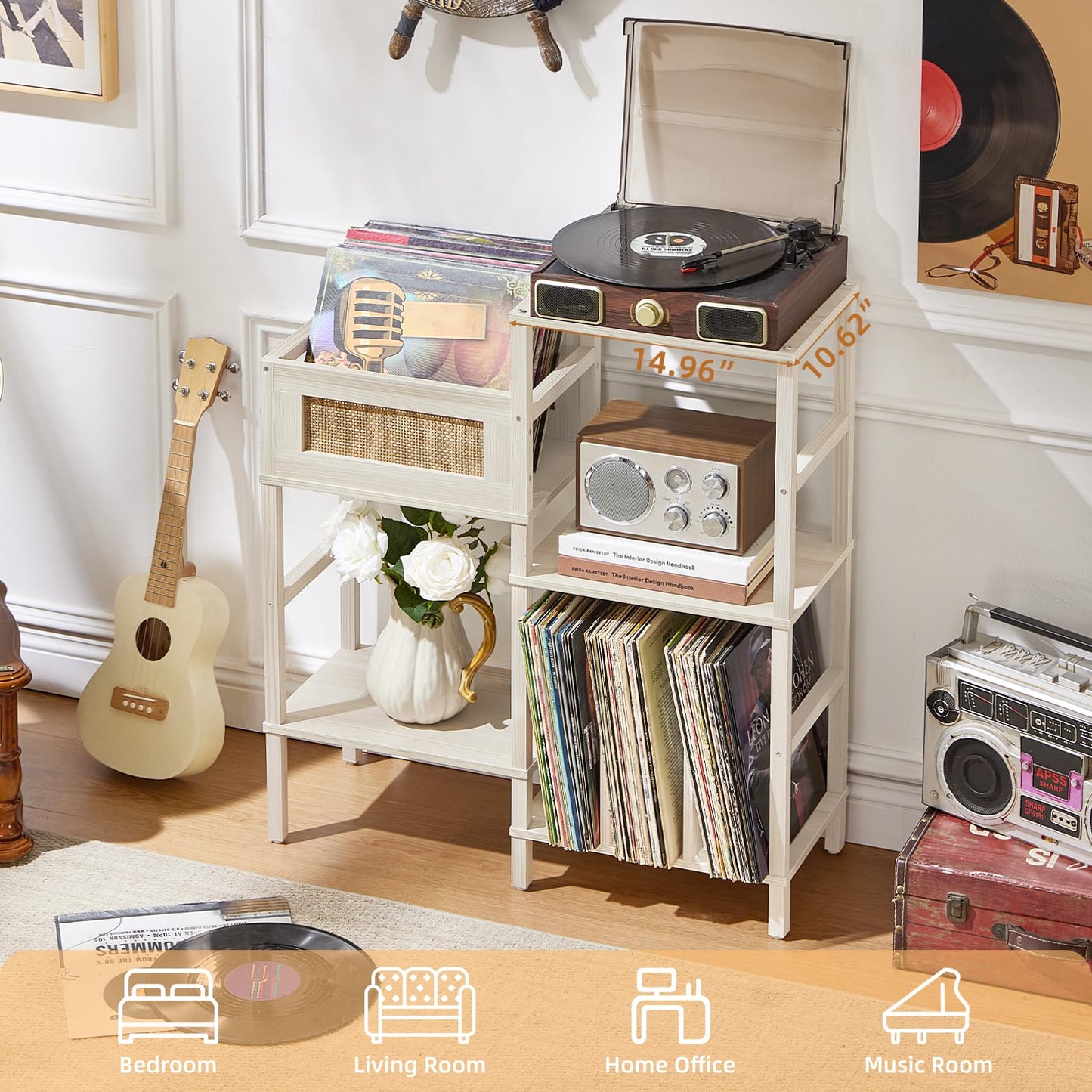 LELELINKY Record Player Stand, White Cream Oak Wood Record Holder with Vinyl Storage Holds up to 300+ Albums, 3-Tier Rattan Media Table with Vinyl Display Shelf, Record Storage Cabinet for Living Room