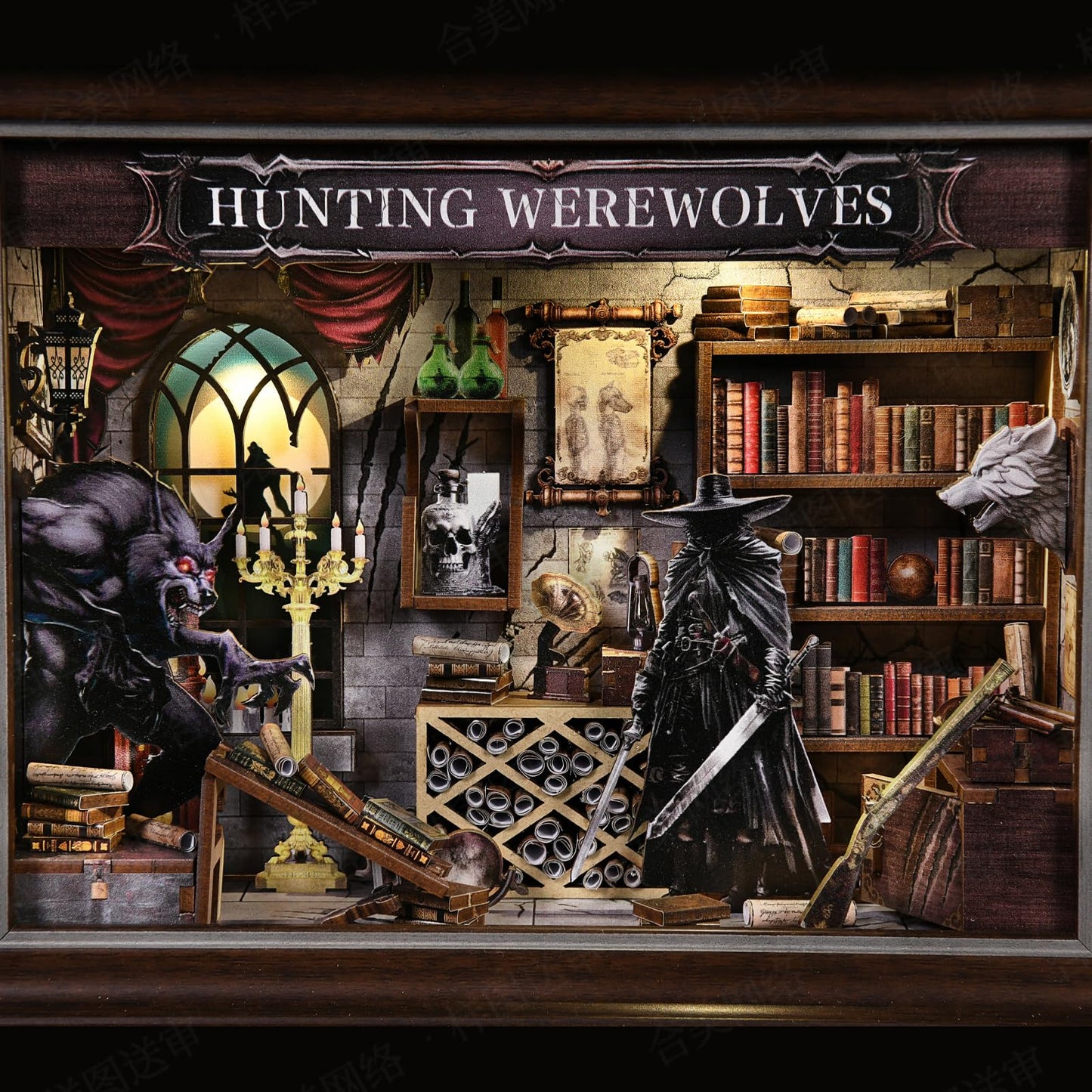 Book Nook Kit-3D Wooden Puzzle with LED Switch Control & Wall-Mountable Frame,DIY Miniature House for Beginners,Bookshelf/Tabletop/Wall Decor for Craft Lovers,Dollhouse Gift,Hunting Werewolves