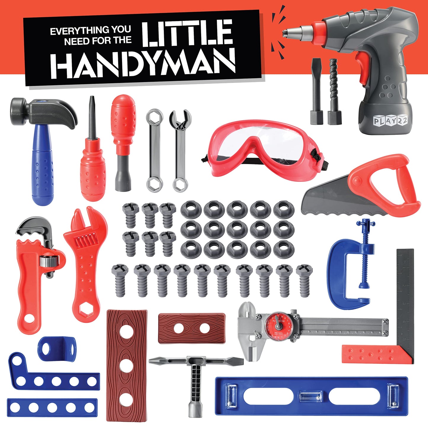 Play22 Kids Tool Workbench 76 Set - Kids Tool Set with Electronic Play Drill - STAM Educational Pretend Play Construction Workshop Tool Bench - Pretend Play Tool Set Build Your Own Kids Tool Box