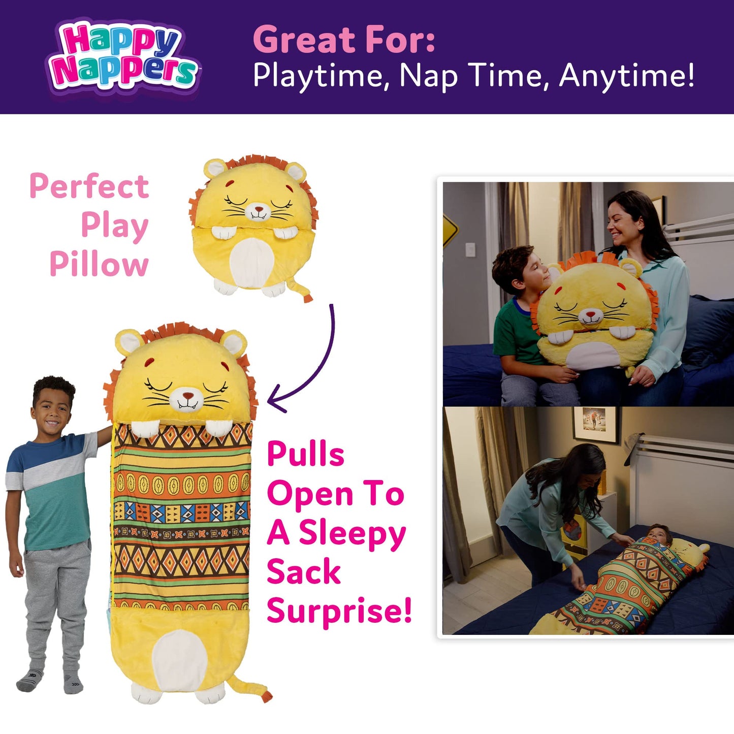 Happy Nappers Pillow & Sleepy Sack- Comfy, Cozy, Compact, Super Soft, Warm, All Season, Sleeping Bag with Pillow- Lion (Medium)