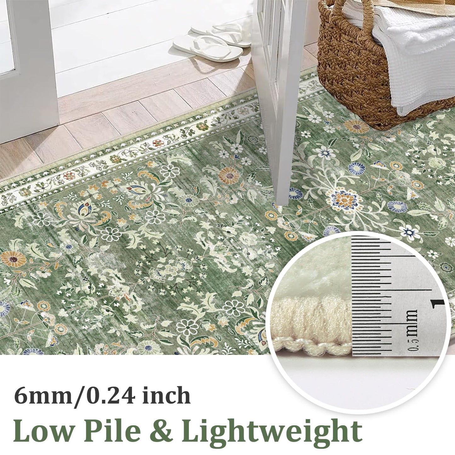 Yamaziot Washable Runner Rug 2x12 – Floral Non Slip Boho Hallway Runner Rug with Rubber Backing, Low Pile Faux Wool Distressed Carpet for Kitchen, Laundry, Bedroom, Entrance, Green