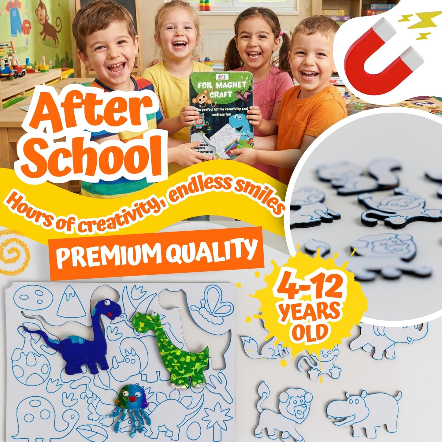 Foil Fun Art Kit for Kids - Reusable Animal Foil Art for Girls & Boys, DIY Mess-Free Girls Craft Kit w/Magnets, Ideal Travel Toy & in Car Activities for Kids Ages 4 5 6 7 8 9 10 11 12