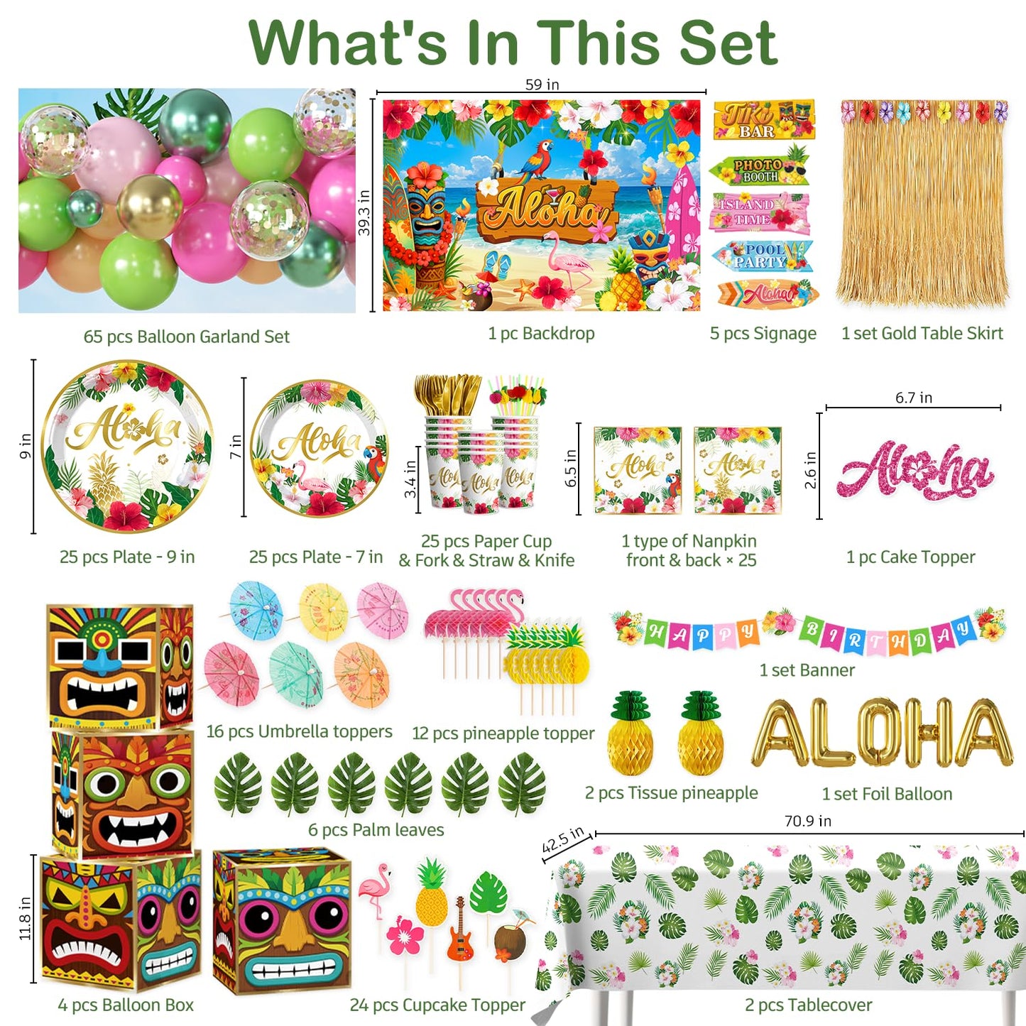 cocomigo 320pcs Hawaiian Party Decorations Complete Party Set, Serves for 25 Guests, Luau Birthday Decorations, Aloha Birthday Decorations with Hawaii Tropical Theme Banner, Balloon Arch, Tableware