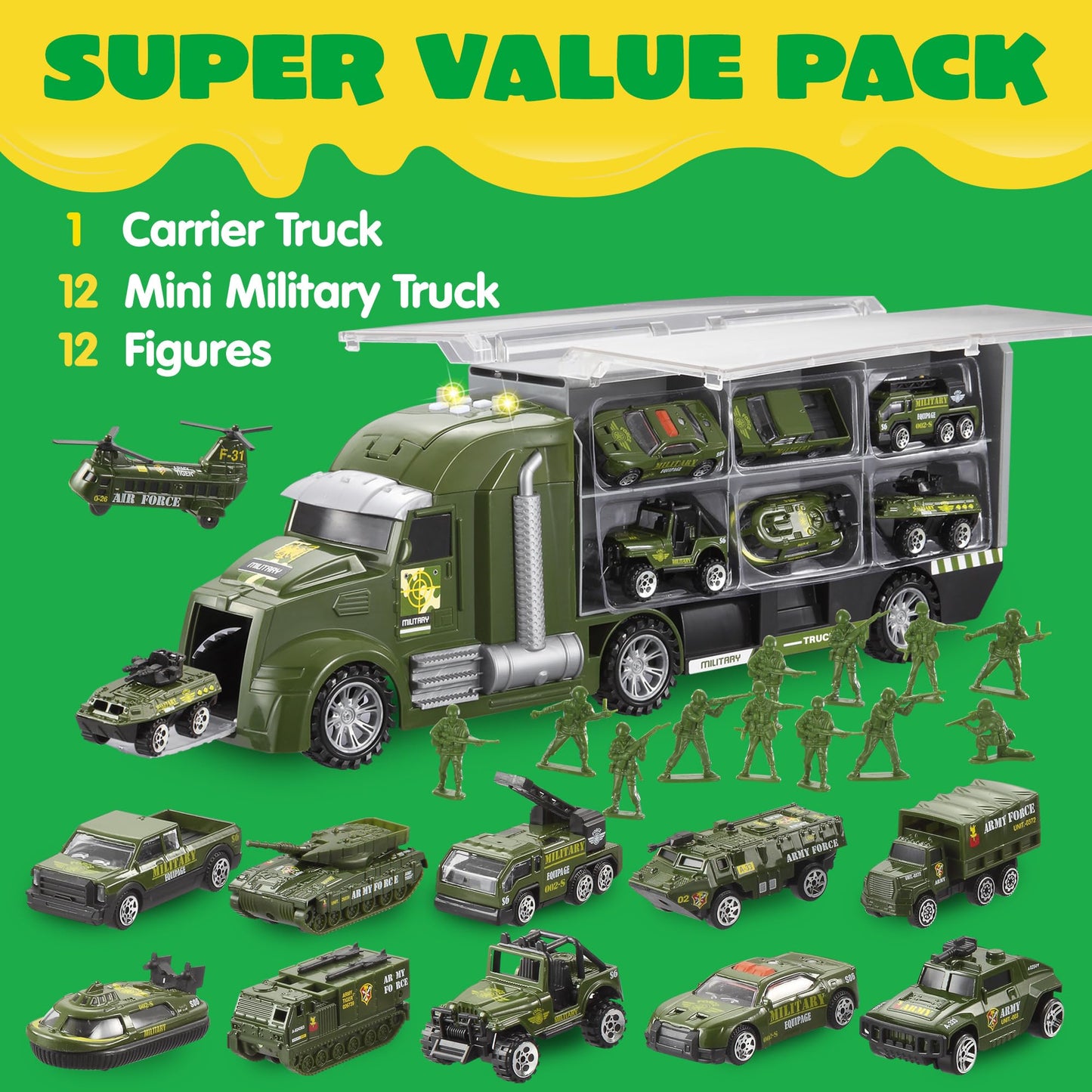 JOYIN 25 in 1 Military Kids Truck Toys for Age 3+, Toddler Boy Toys, Army Men Tanks Set with Soldier Men, Mini Battle Cars in Carrier Truck with Lights and Sounds, Gifts for Grandkids, Easter Basket