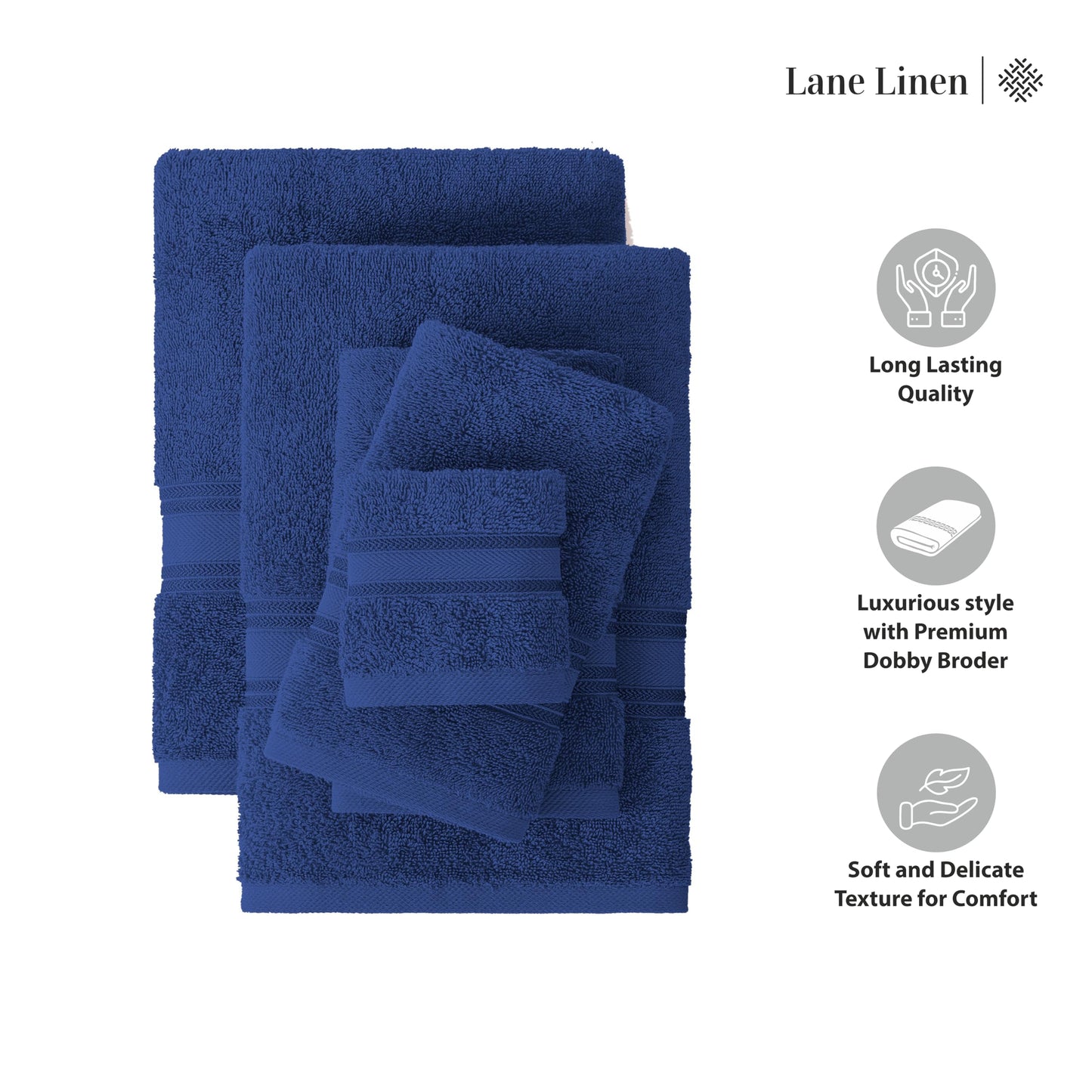 LANE LINEN 100% Mercerized Cotton Bath Towel Set of 18 – Zero Twist Shower Towels, 6 Bath, 6 Hand Towel & 6 Washcloths, Quick-Dry, Luxuriously Soft & Durable, Perfect for Everyday use – Navy