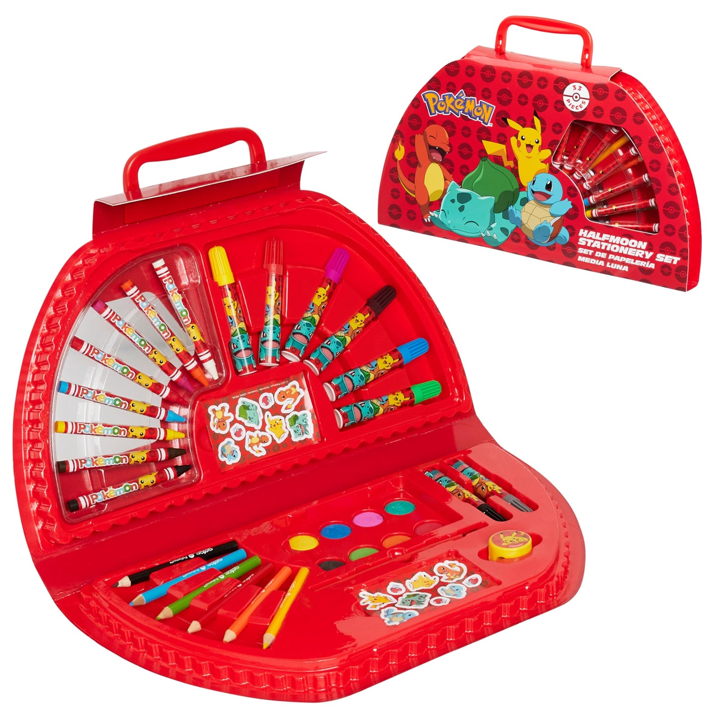 Pokemon Art Supplies Set with Colouring Pencils Felt Tip Pens Watercolour Paints Wax Crayons for Drawing Painting Set Pikachu Travel Art Set Anime Gifts (Black/Red)