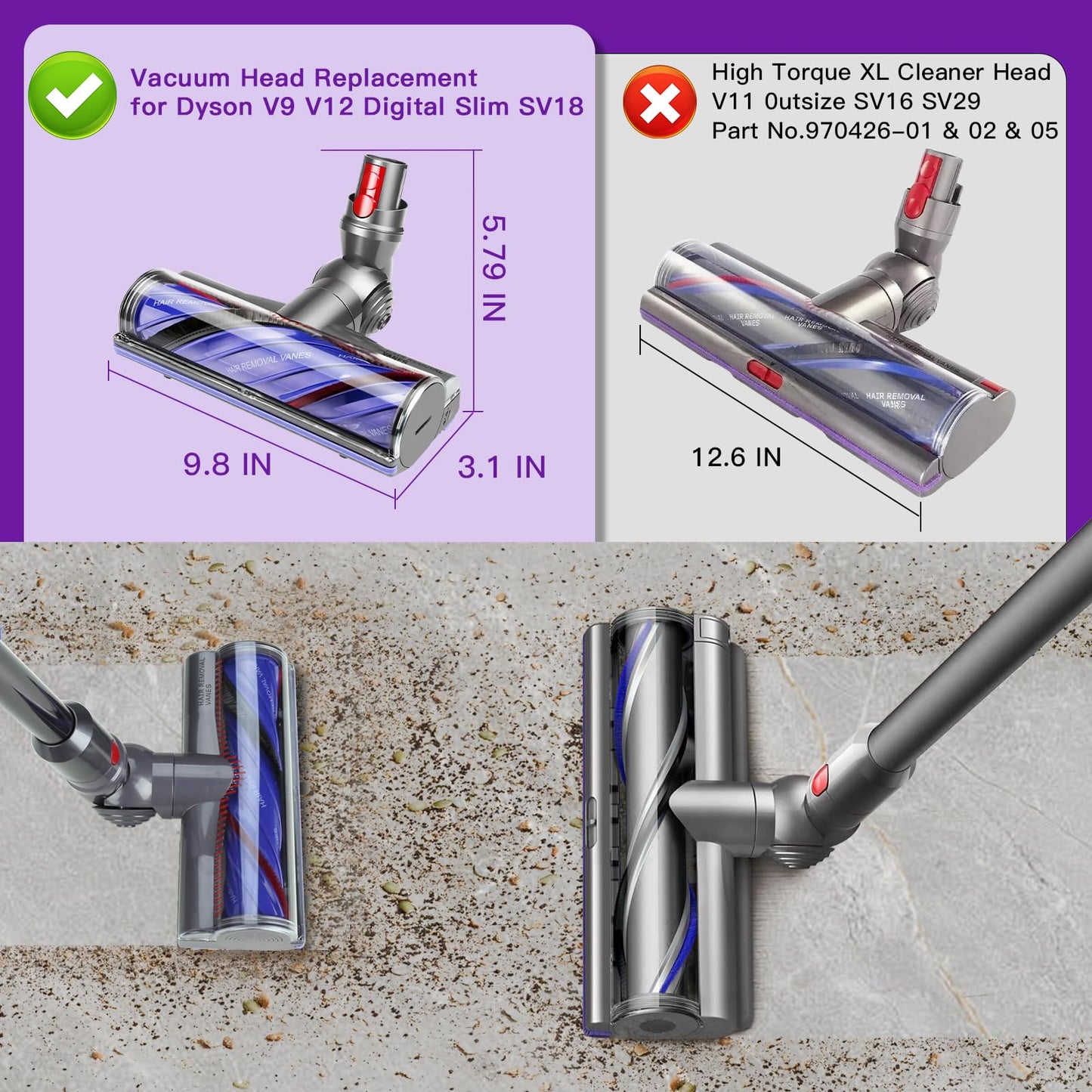 Lemige V9 V12 Vacuum Attachments Head Replacement Parts for Dyson V9 Motorbar V12 Detect Slim SV18 Digital Slim Cordless Vacuum Cleaner, Upgrade Anti-Tangle Quick Release Motor-Head Brush Roller