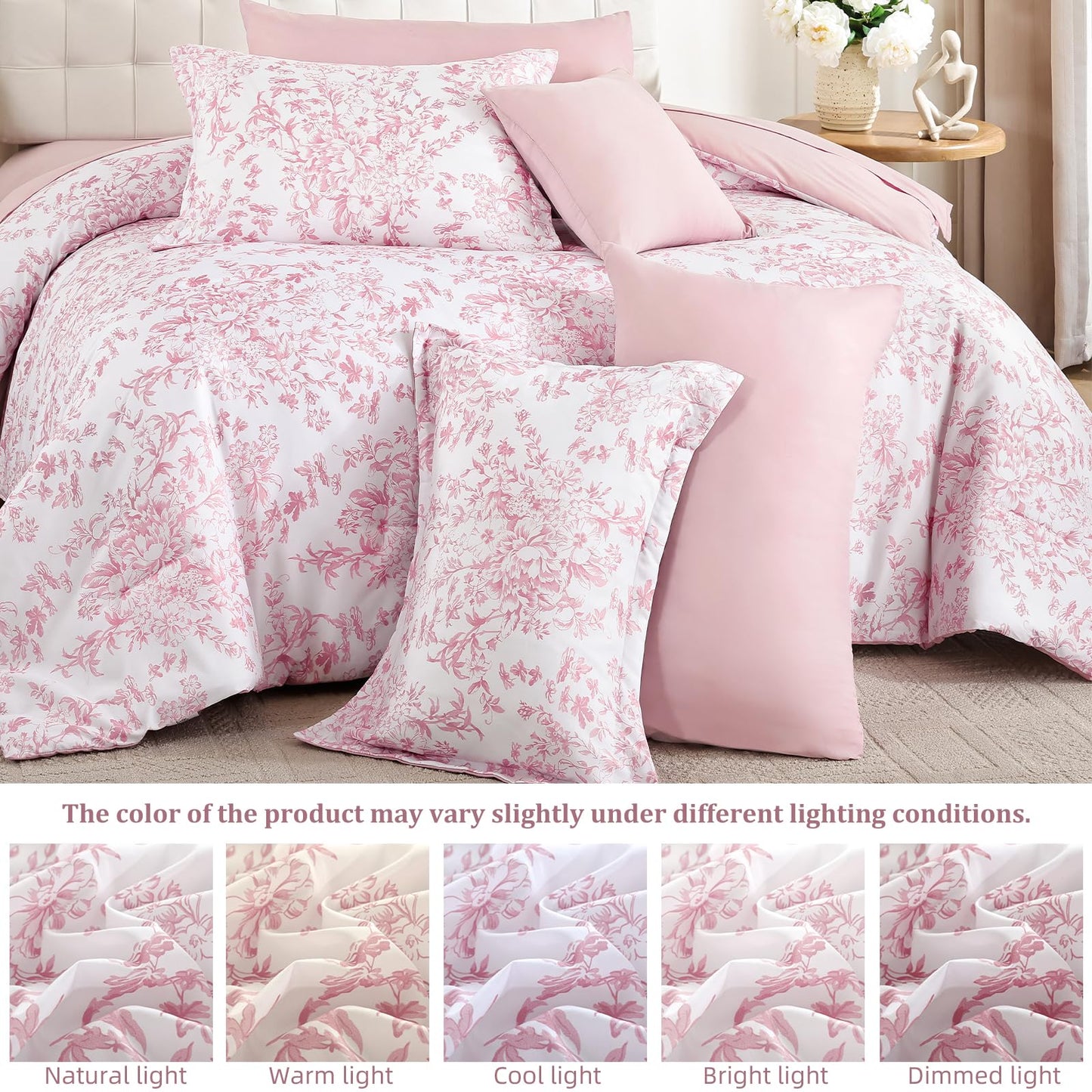 WONGS BEDDING Queen Size Comforter Set, 8 Pieces Pink Floral Bed in a Bag Comferter Sets, Botanical Print Soft Fluffy Microfiber Complete Bedding Sets for All Season (90"x90")