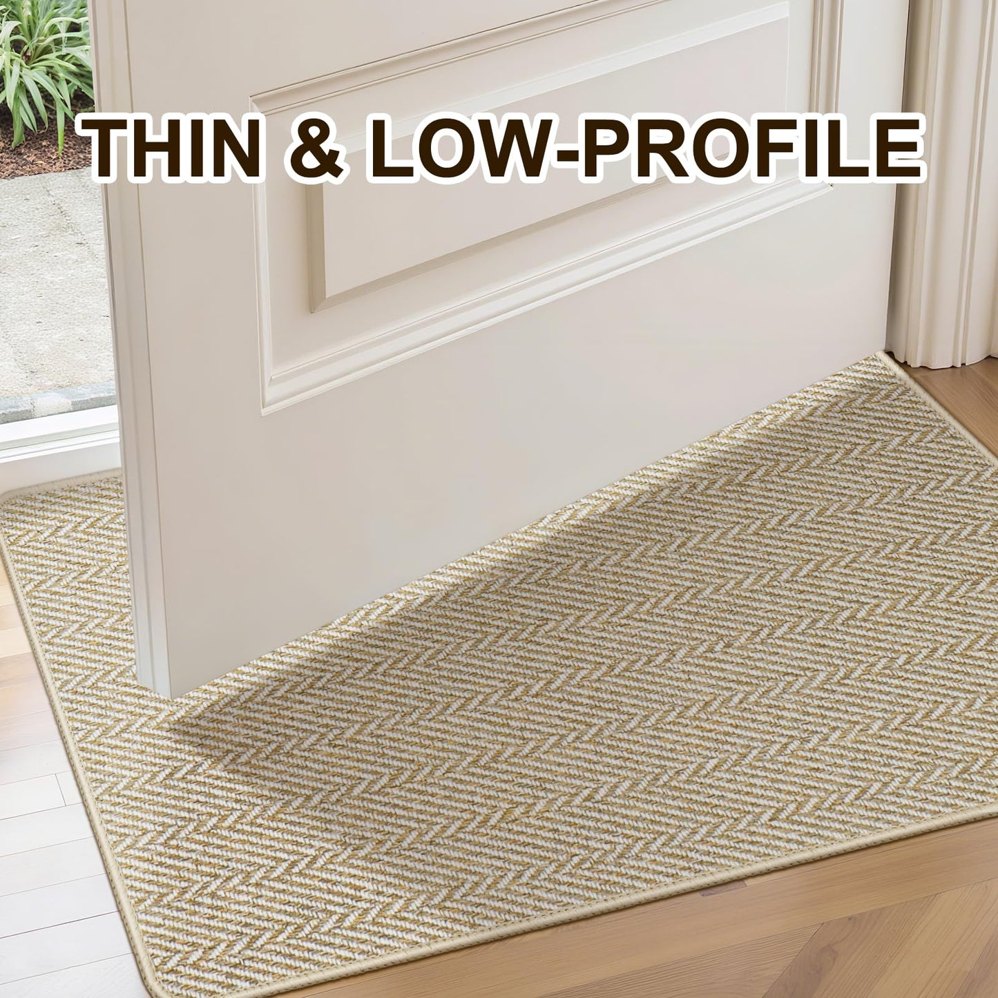 BEISIFLOOR Ultra Thin Door Mat Indoor Entrance 24"x47", Low-Profile Indoor Door Mat, Non Slip Entry Mat Rubber Backing Unique Herringbone Design Inside Doormat Dirt Trapper Entryway Mats, Beige