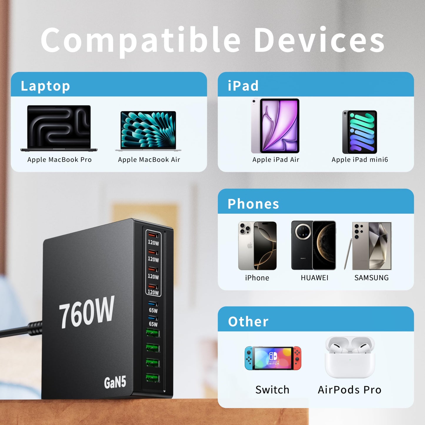 760W USB C Charger Block, 10 Port Fast Charging Station Hub PD 100W MacBook Charger Compatible with iPhone 17 Pro Max/Air/16 SE/15/MacBook Pro/Air/All iPad Max/Samsung Galaxy Note S25/Z Fold