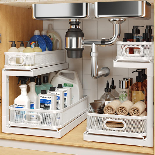 2-Pack Under Sink Storage Organizer with 2-Tier Slide Out Drawer, Sophisticated Mesh Pull Out Shelf for Kitchen & Bathroom, Fits Small Items, Upgraded Arched Track for Smooth Gliding(Patented)