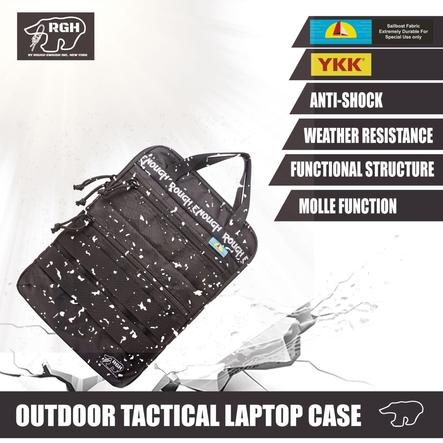 Rough Enough 14 Inch Laptop Sleeve Case Bag Tactical with Dual Compartments Luggage Strap Handle Weather Resistant for Travel Outdoor adventures Black
