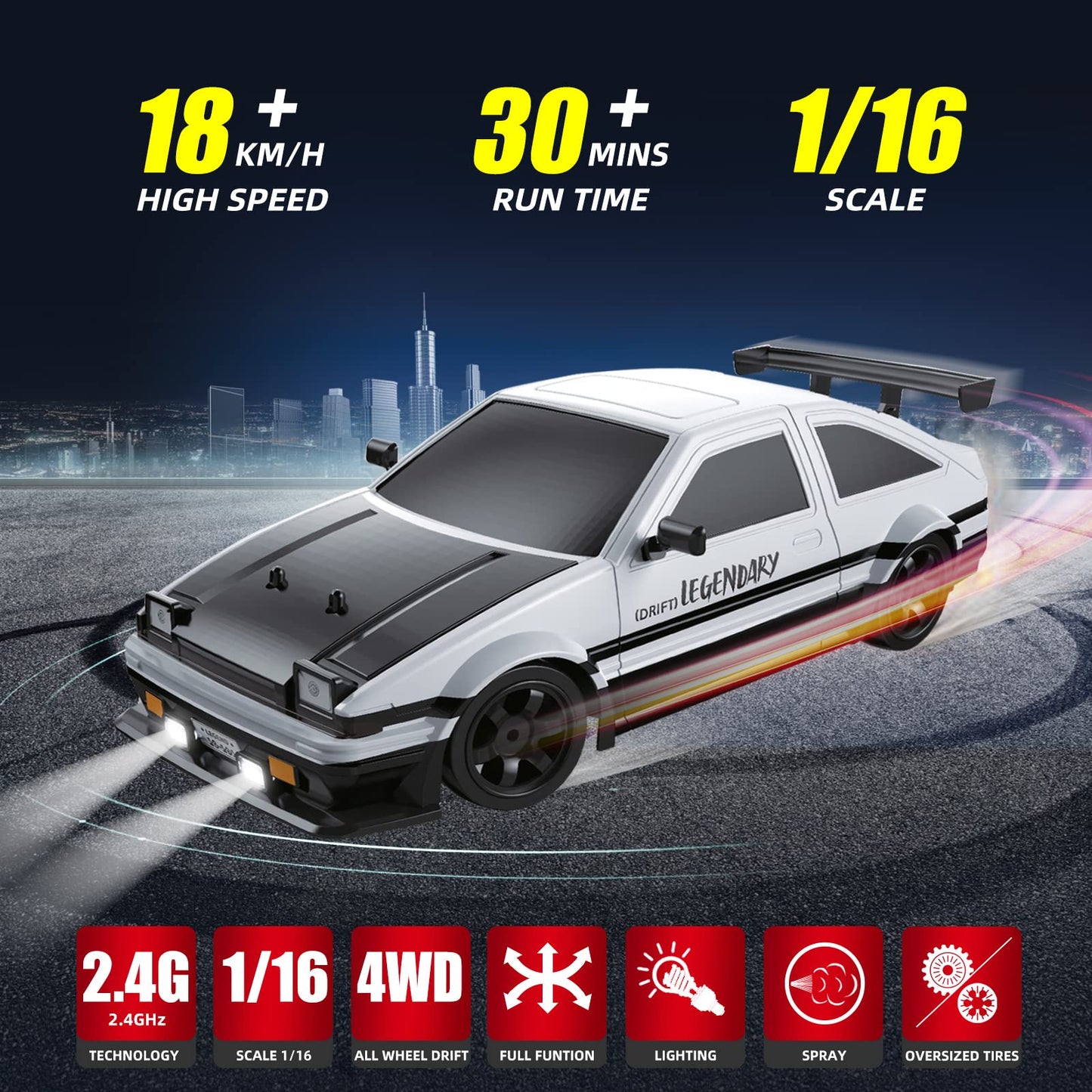 Sakeye RC Drift Car 2.4GHz 1:16 Scale 4WD High Speed Remote Control Cars Vehicle with LED Lights Two Batteries and Drifting Tires Racing Sport Toy Cars for Adults Boys Girls Kids