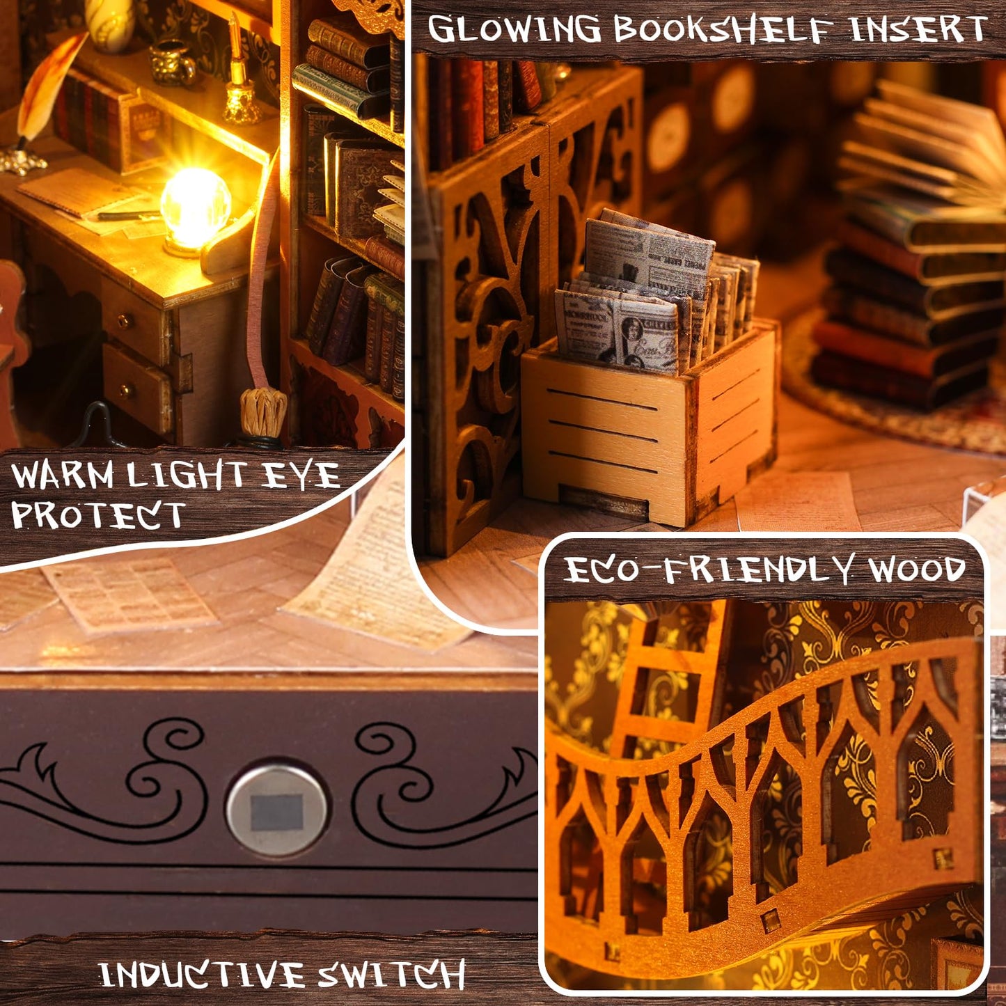 DIY Book Nook Kit - Dollhouse Miniature House Bookshelf Insert Decor Crafts for Adults Teens Halloween, 3D Wooden Puzzle Bookends with Sensor LED Light and Dust Cover