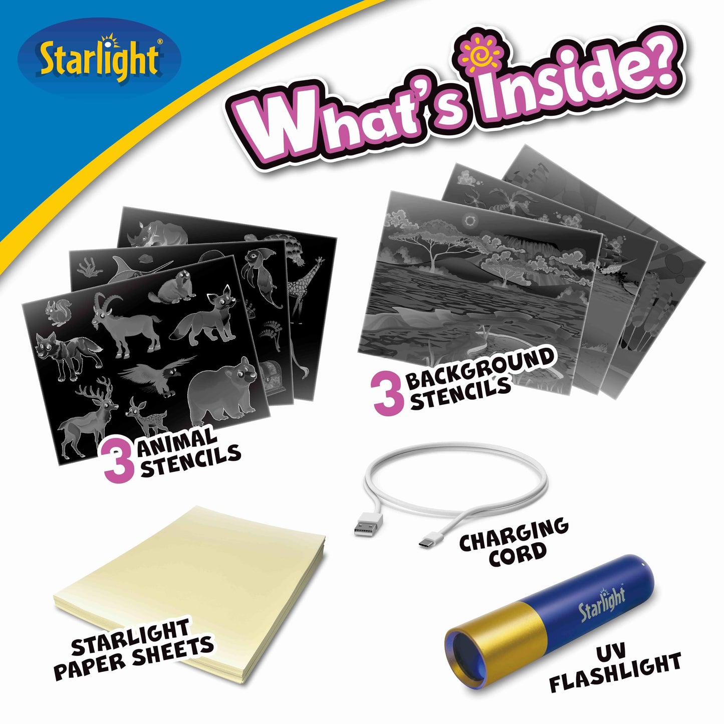 Starlight Light-Activated Paper Art Kit – Animal Kingdom Theme, Mess-Free Craft for Kids Ages 6, 7, 8, 9, 10, DIY Creative Gift with UV Flashlight for Boys & Girls