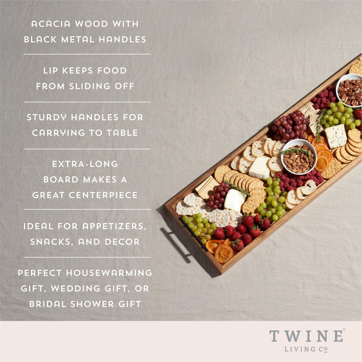 Twine Modern Manor Longboard Cheese Platter with Handles, Rectangular Cheese Board and Home Decor Tray, Dining Table Accessories Acacia Wood Set of 1