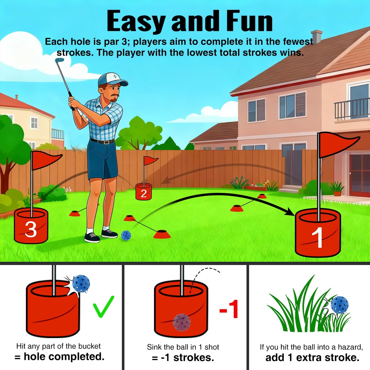 Roykaw Backyard Golf Game, 9 Holes Bucket Game with Balls, Battle Golf Game for Outdoor Beach Park & Indoor, Golf Yard Game Set for Fun, Fits Family & Friend Party (No Golf Club)