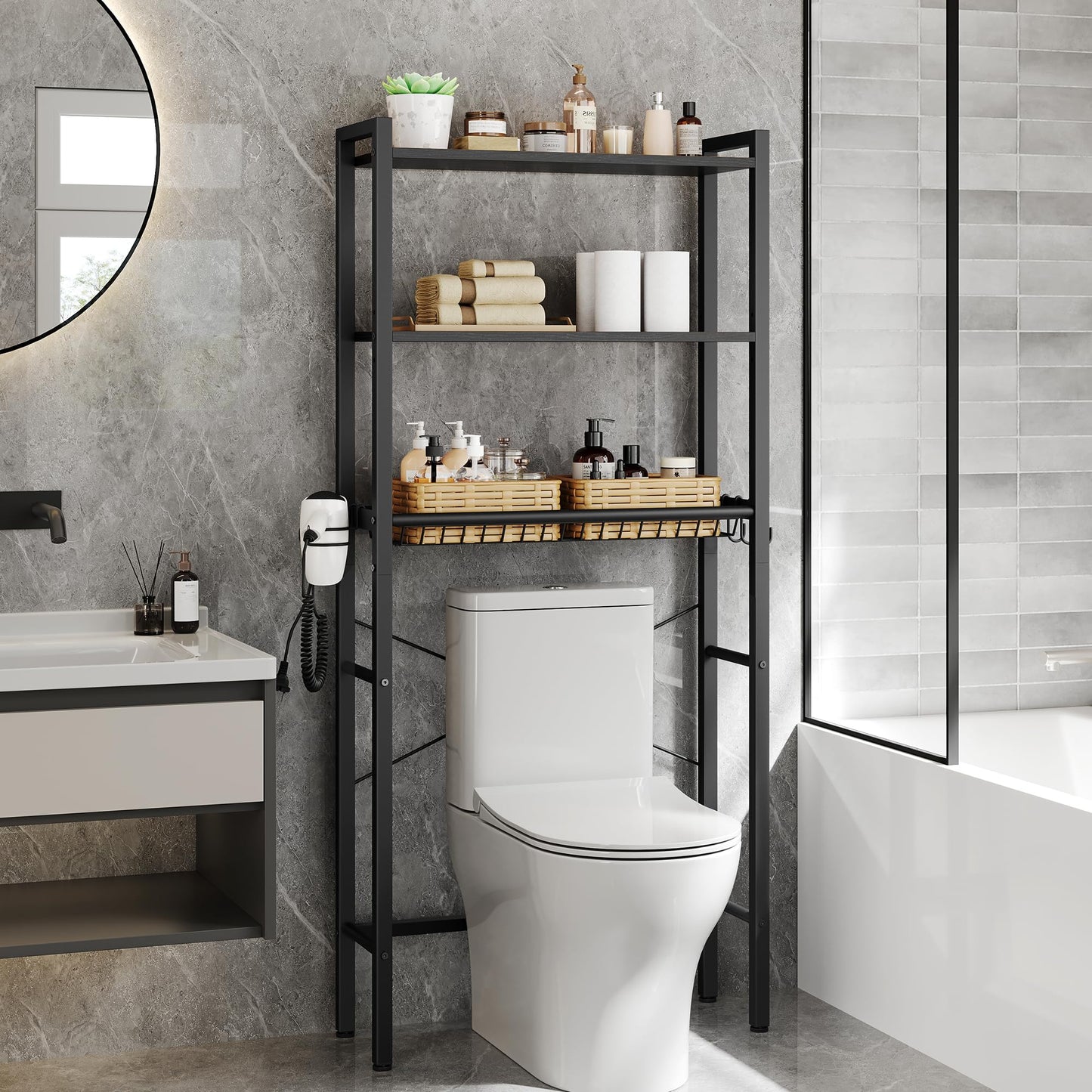 VASAGLE BARNET Collection - Over the Toilet Storage, Over Toilet Bathroom Organizer with Adjustable Shelves and Basket, 3 Hooks, Space Saving, 9.4 x 23.6 x 63 Inches, Ebony Black UBTS113BE01S