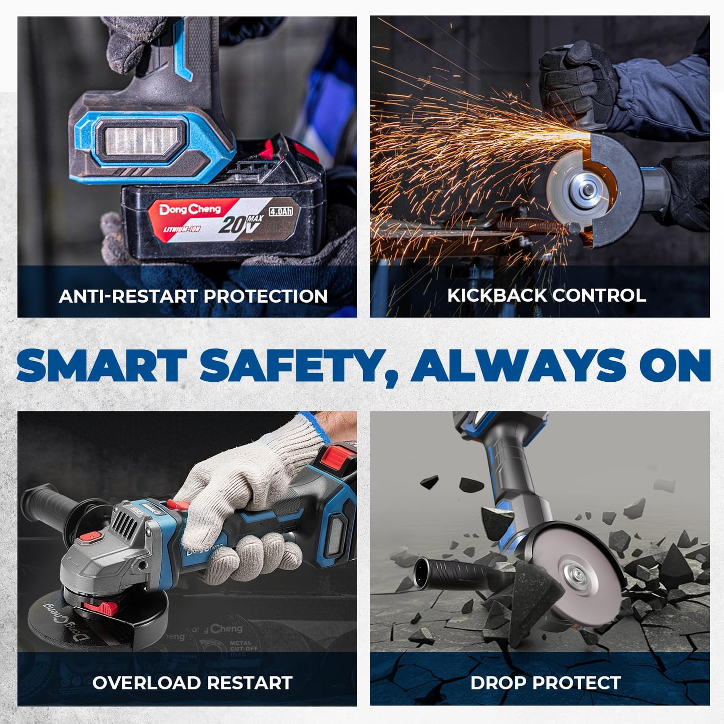 Dong Cheng Cordless Angle Grinder 20V 4-1/2 inch, 9000RPM with Variable Speed, Slide Switch, DSC Protection for Cutting, Grinding, Polishing, Included 6 Discs & 4.0Ah Battery Charger Kit