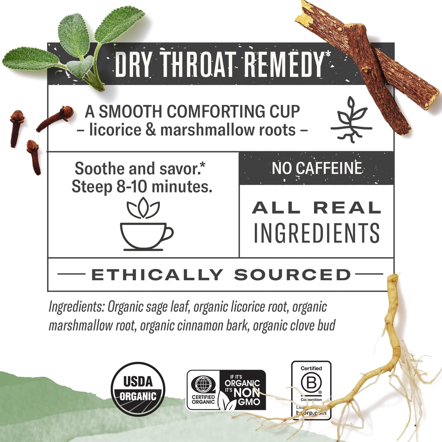 Numi Organic Throat Soother Herbal Tea – 48 Herbal Tea Bags – Caffeine Free Blend with Sage Licorice Marshmallow Root Cinnamon & Clove for Smoothing & Soothing Throat Comfort