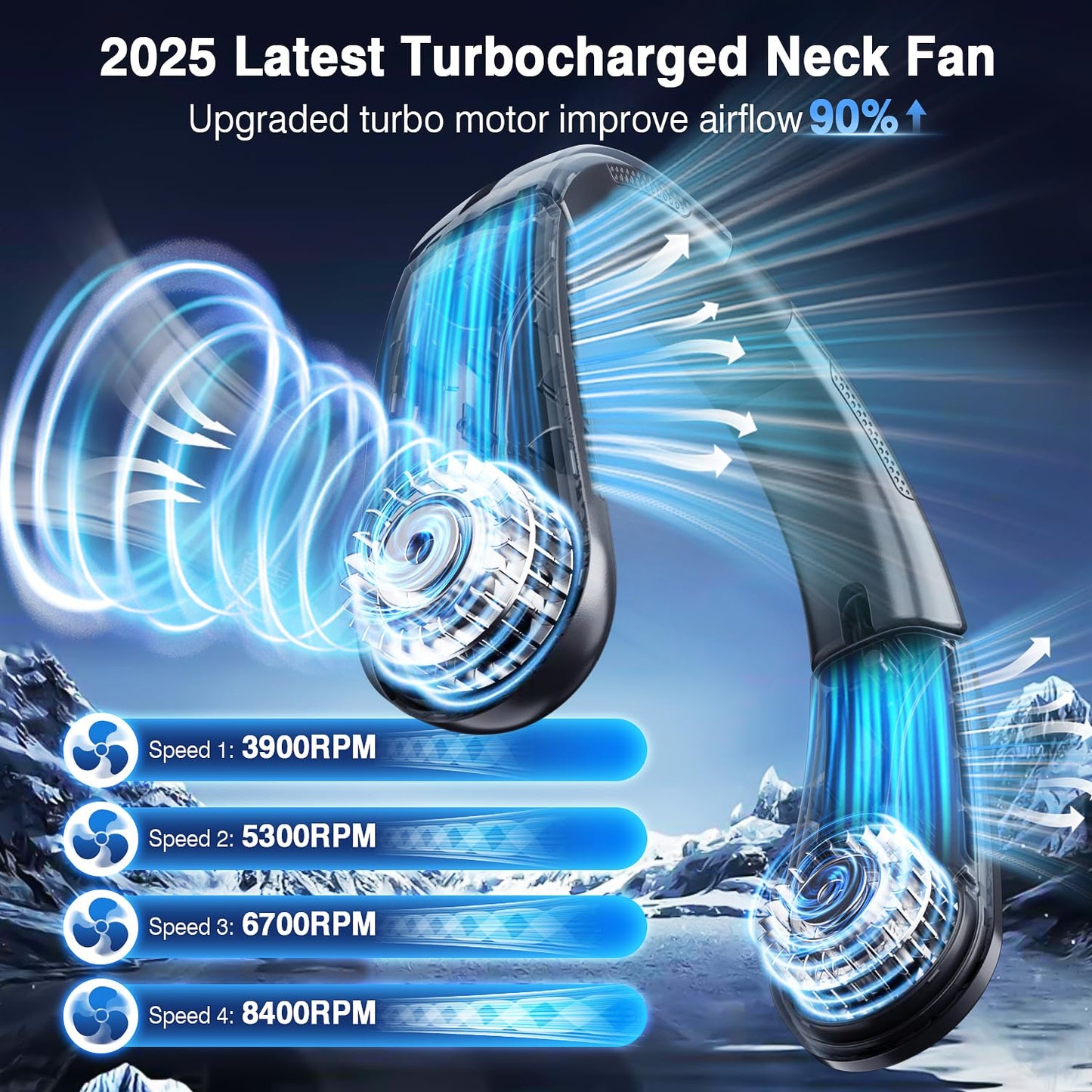 ChillGo Portable Neck Fan - 8400 RPM Enlarged Turbo Airflow - 5200mAh Personal Rechargeable Cooling Wearable Fan - Max 16H, 4 Speeds, Foldable, LED Display - Great Gifts for Men Women - 2nd Gen Black