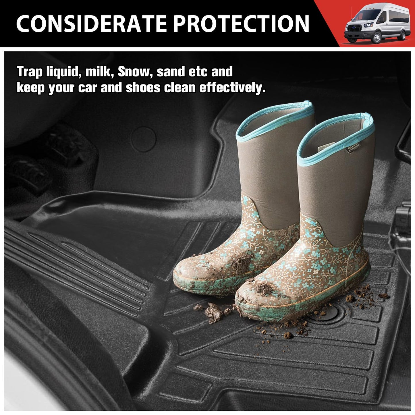 Utiiy Floor Mat Front Liner Fit for 2022 2023 2024 Ford Transit (All Models W/Vinyl Floors) TPE All Weather Mat for 2022 2023 2024 Ford Transit Front 1st Row Accessories