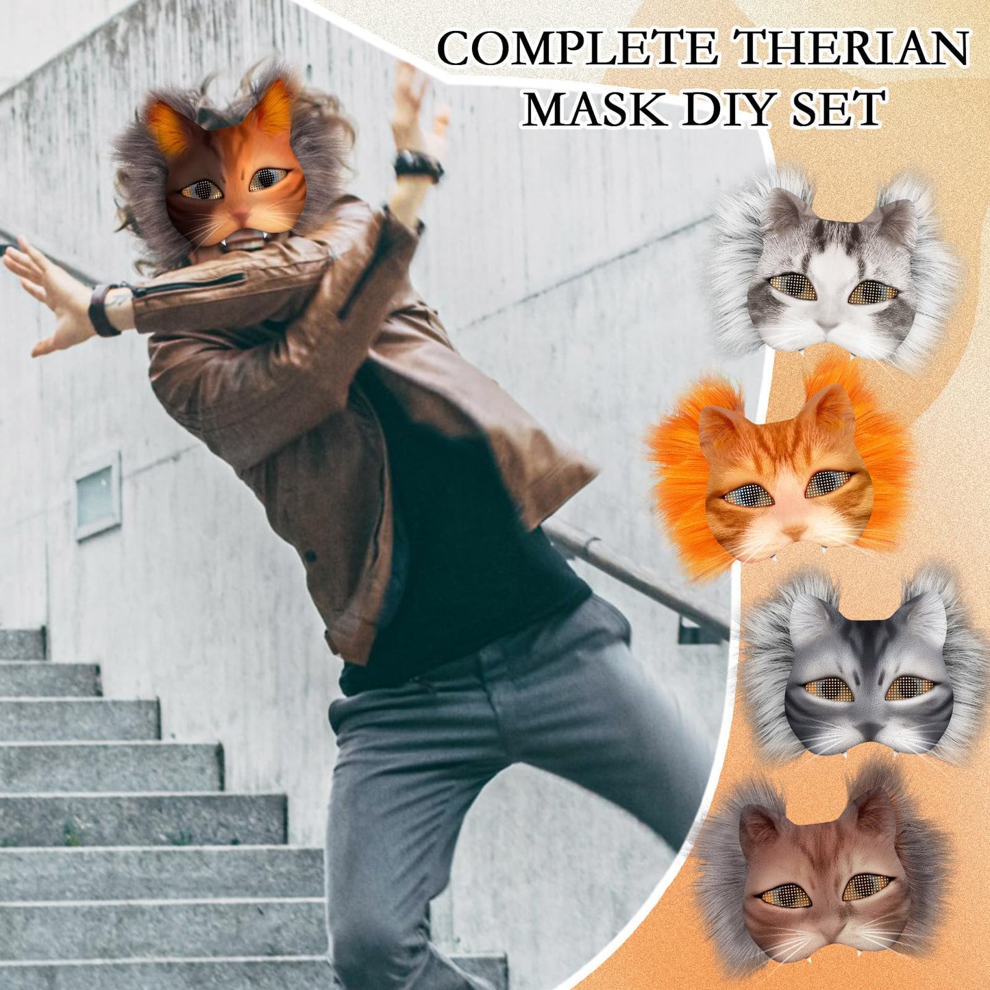 Seenelling 33 Pcs Therian DIY Mask Kit for Beginners Including Blank Cat Mask Faux Fur Fabric Felt Fabric Plastic Mesh Sheet(Warm Colors)