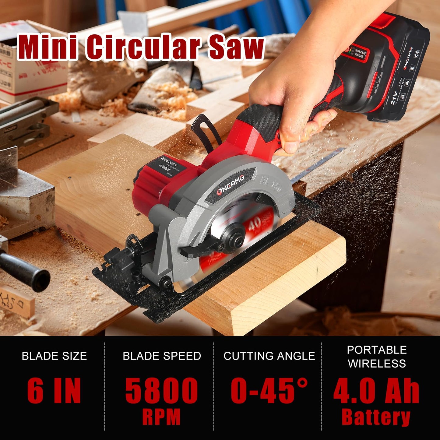 6" Cordless Mini Circular Saw, 21V Compact Wireless Circular Saw, 4.0Ah Battery, 5800RPM, Max Cut 2-1/6" (90°), 1-1/4" (45°),w/40T & 60T Blades,Fast Charger (1Hr),Applicable to Wood,Aluminum & Plastic